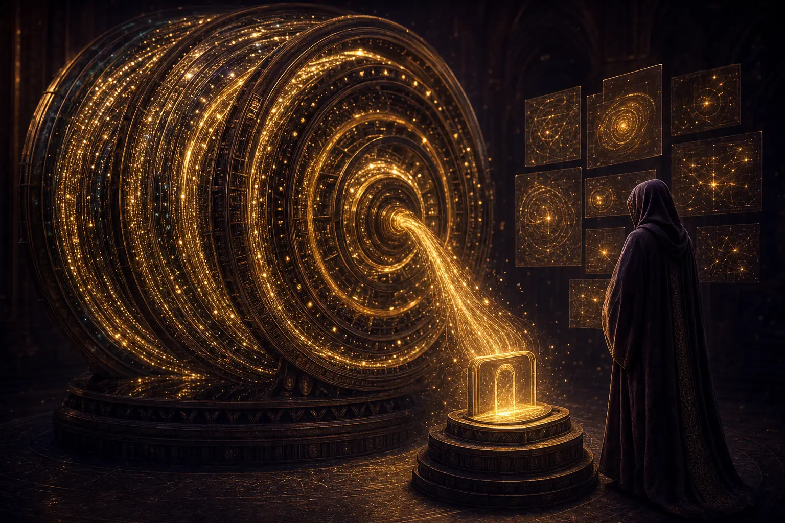 A colossal glowing engine turbine of golden traffic streams feeding a small glowing website, watched by an operator fully clothed in a long hooded robe