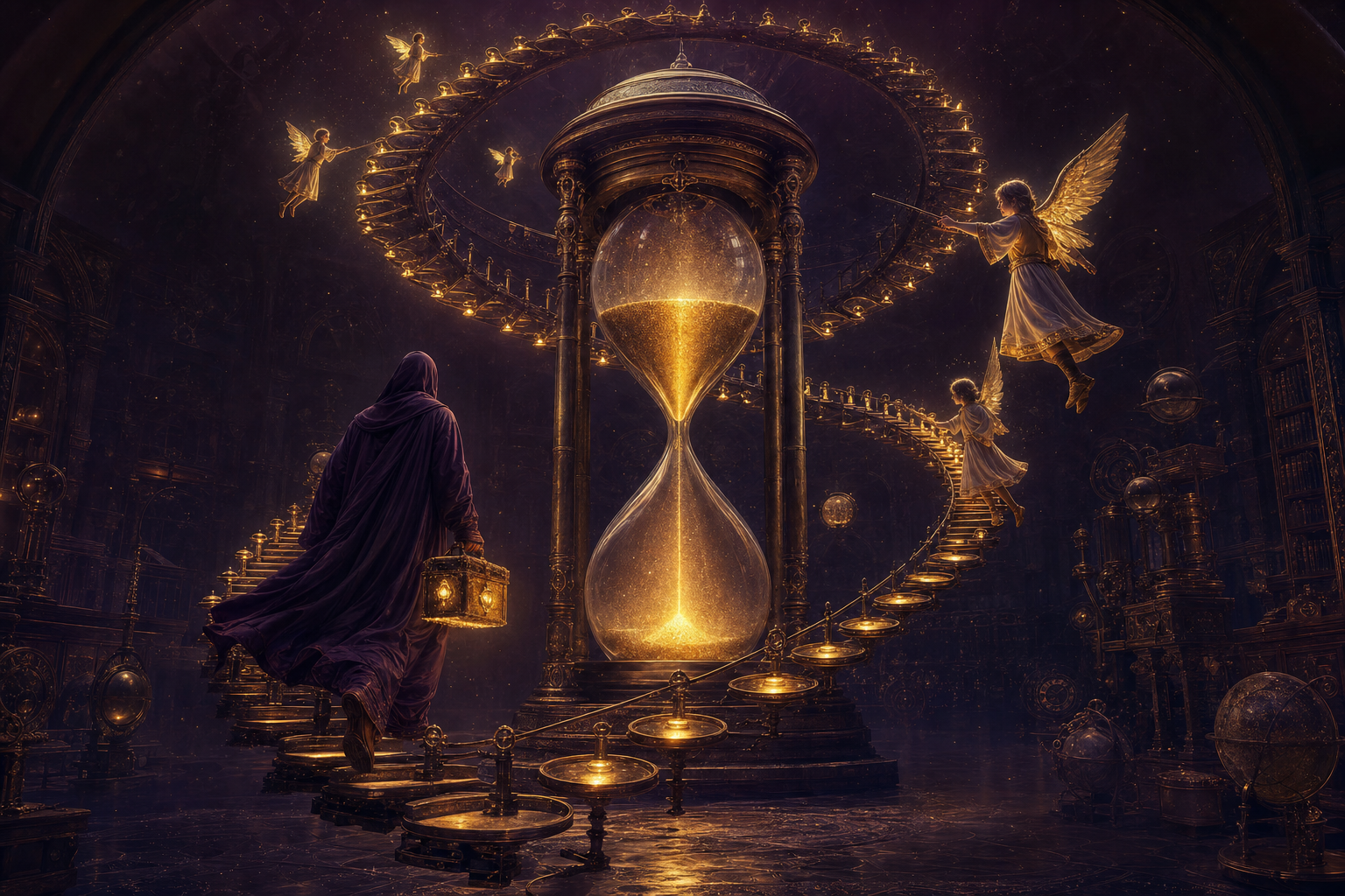 A grand classical workshop with a towering hourglass of golden sand at the center and a spiral staircase of sixty glowing brass steps, climbed by a fully clothed student in a full-length hooded robe carrying a glowing toolbox, guided by fully clothed winged tutors in knee-length tunics