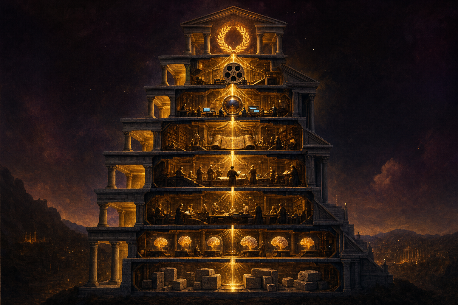 A seven-tiered temple seen in cross-section, each layer lit a different colour with glowing nodes and agents moving between them — the live seven layers of the Agent Operating System