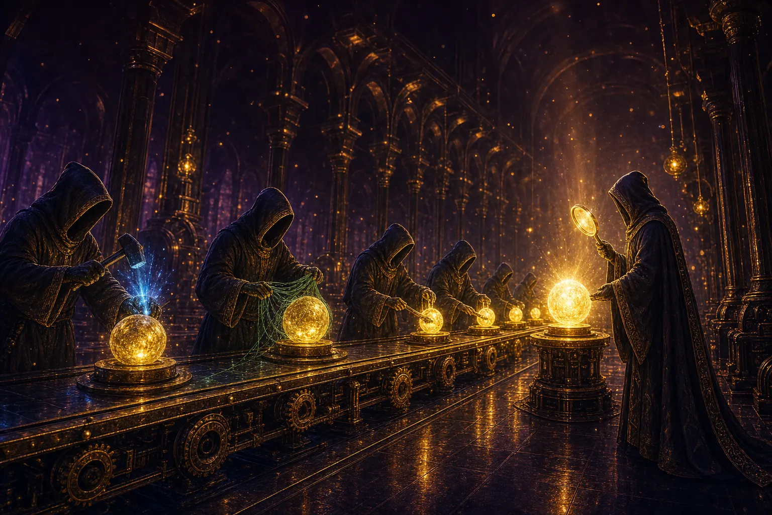 Robed worker-figures fully clothed in long flowing robes stationed along a glowing golden assembly line, each adding light to an orb while a taller robed inspector raises a glowing lens