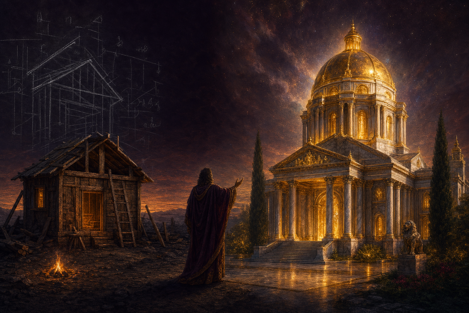 A glowing workshop at midnight with a single builder figure sketching the blueprint of a glowing operating system on a wall, scattered prototype panels around him — the 24-hour build of the Agent Operating System
