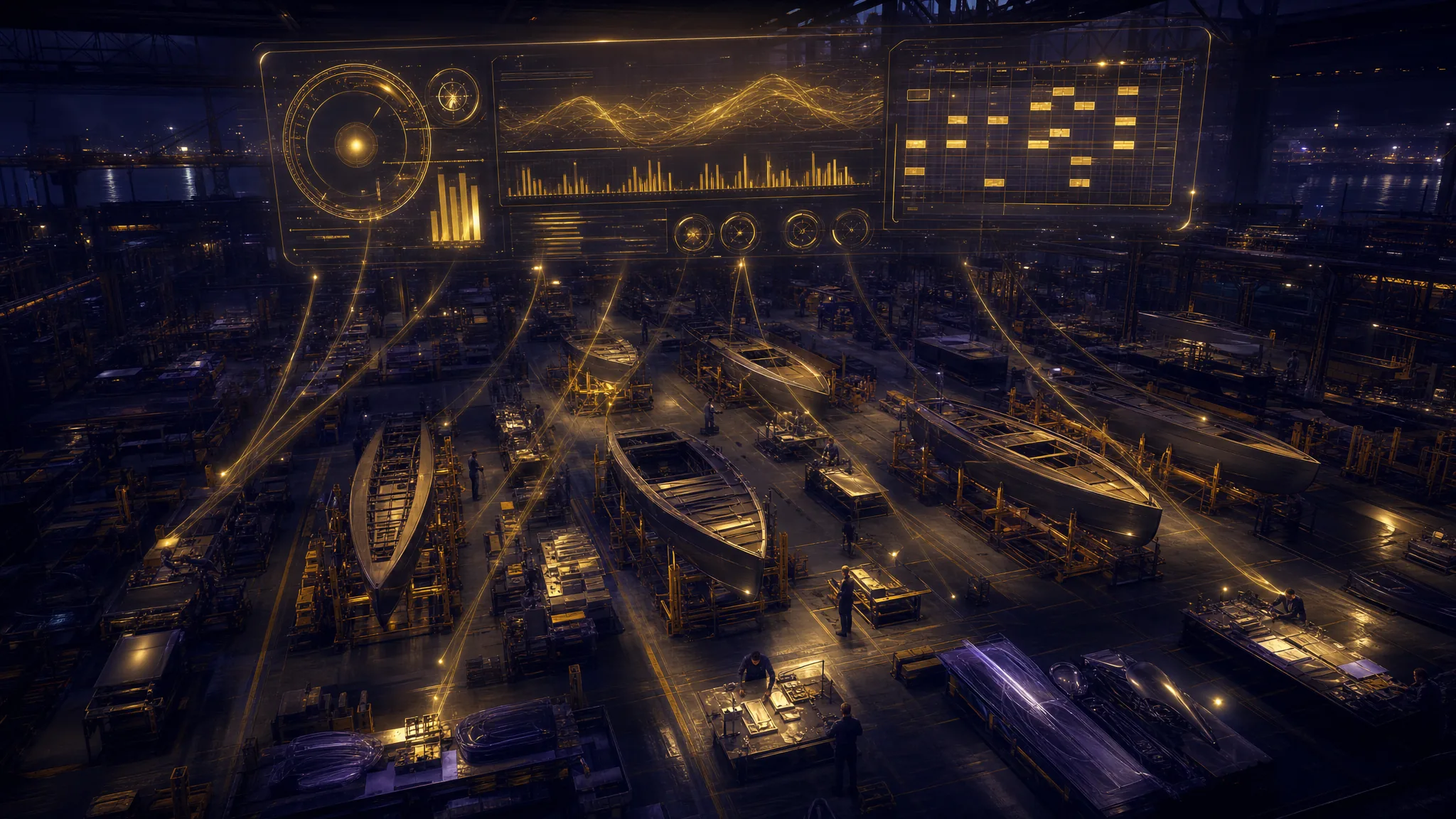 A boat factory floor at night with a glowing holographic control panel conducting the workstations