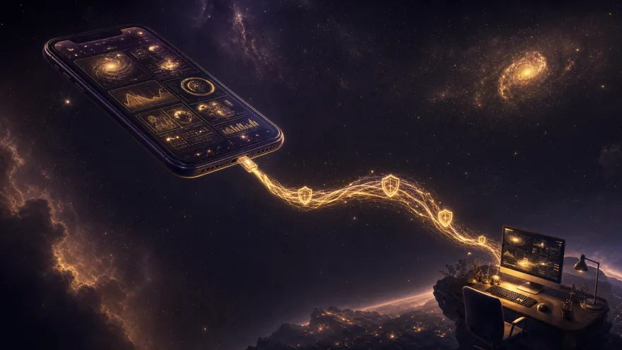 A smartphone with a glowing mission-control dashboard connected to a desktop by a thread of light