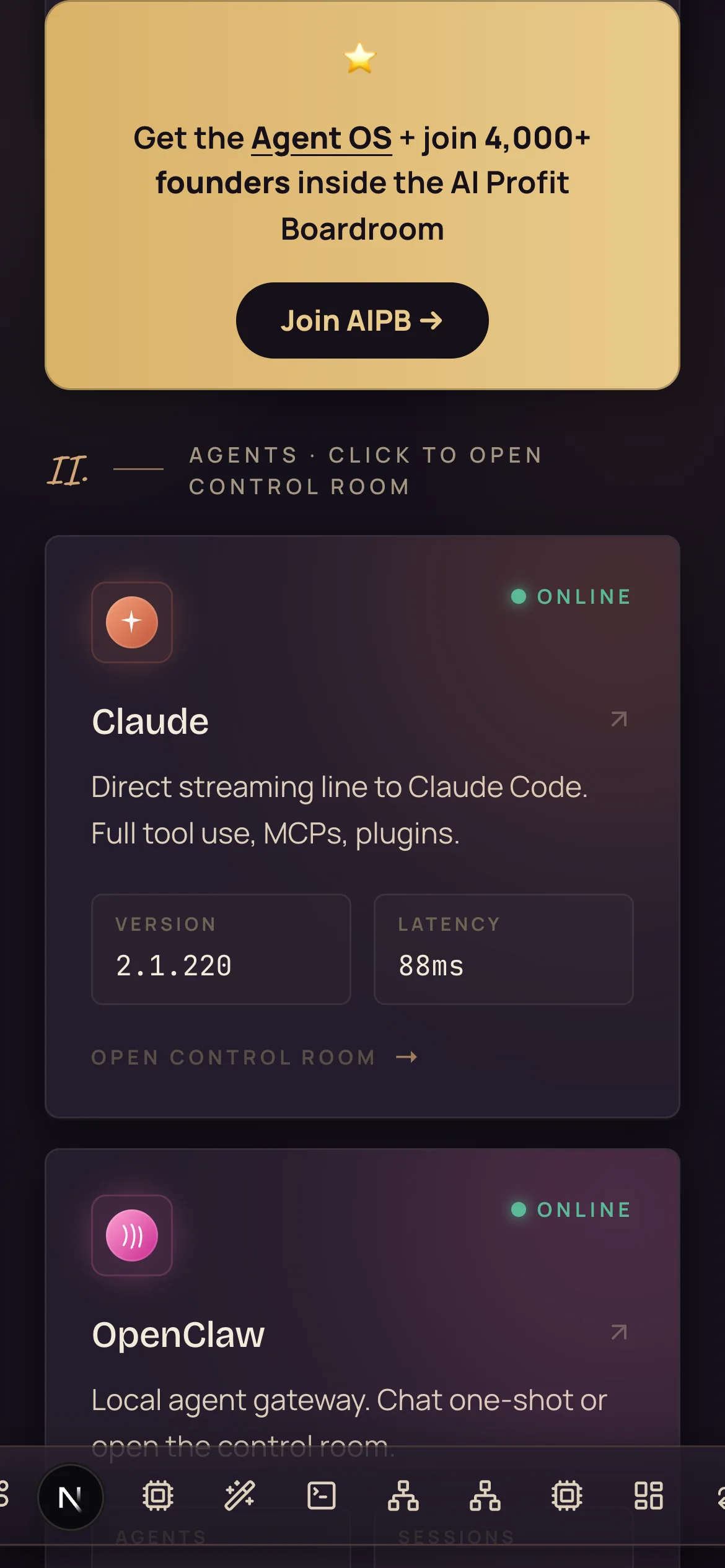 Agent OS agents list on a phone — Claude online with version and latency