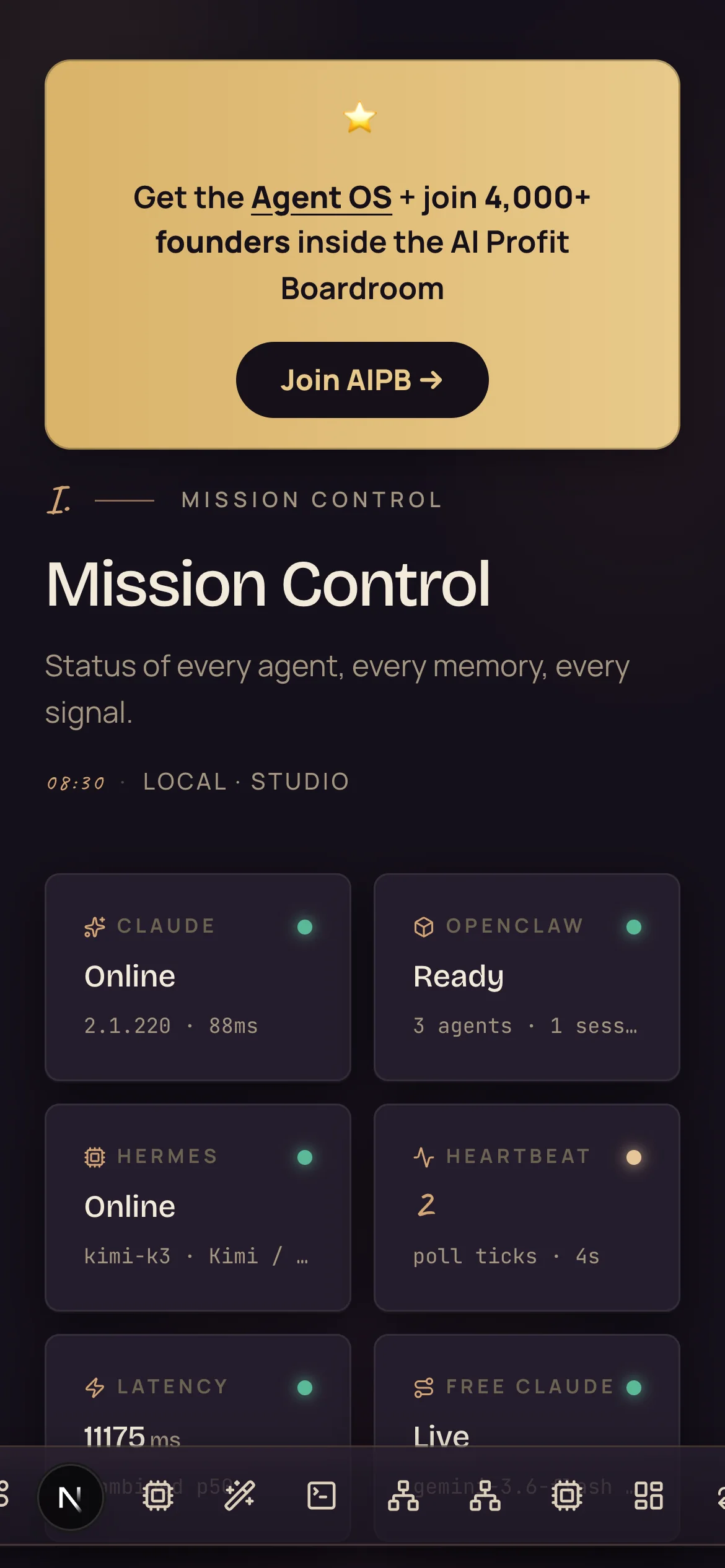 Agent OS Mission Control home on a phone — status cards and bottom navigation