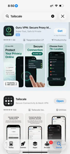 App Store search results for Tailscale with the official Tailscale Inc. app