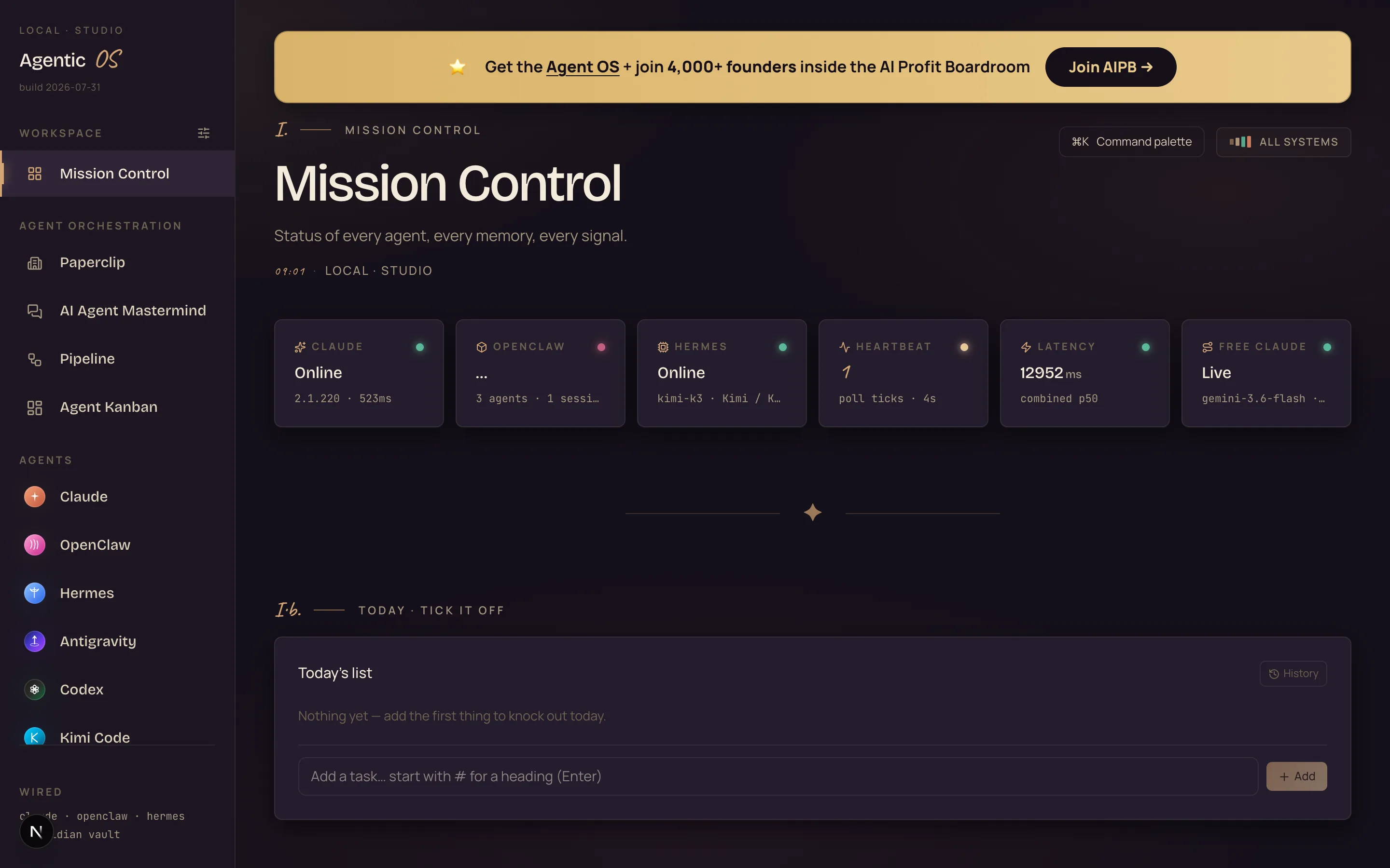 The second Mission Control running in a desktop browser on port 3838