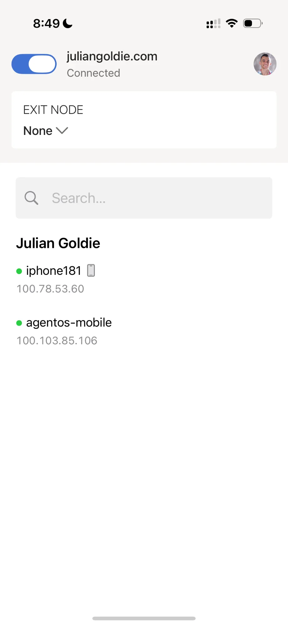 Tailscale app connected, showing both devices with green dots