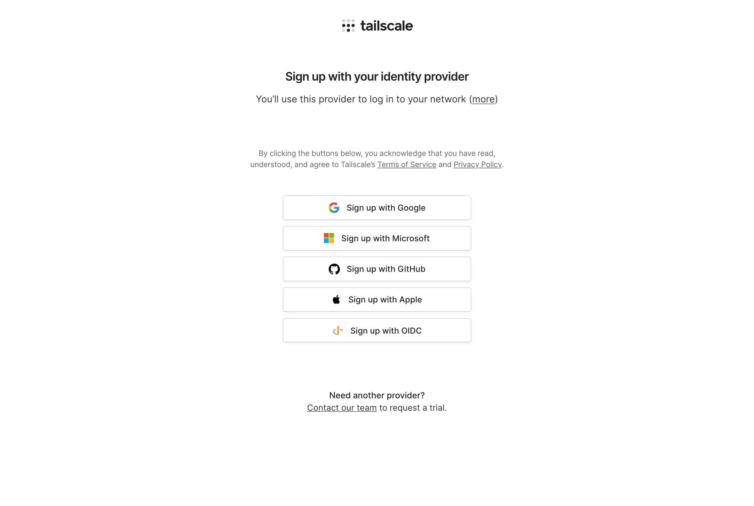 Tailscale sign-up page with Google, Microsoft, GitHub and Apple options