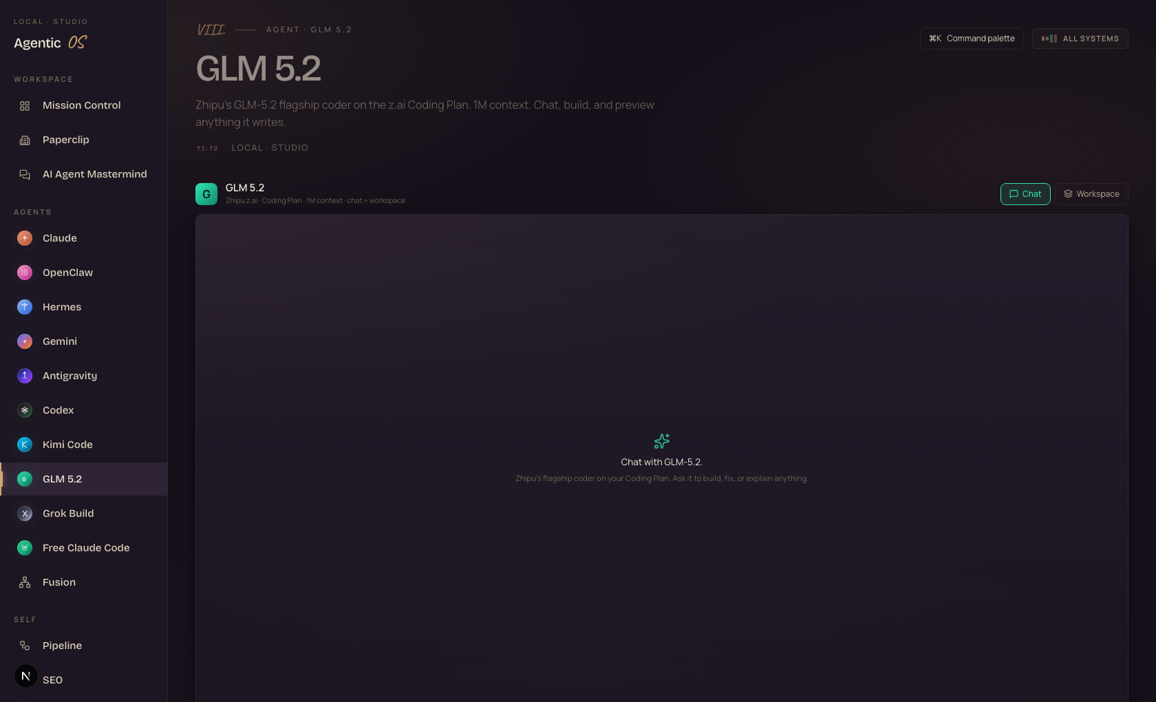 GLM 5.2 panel inside the Agent OS dashboard