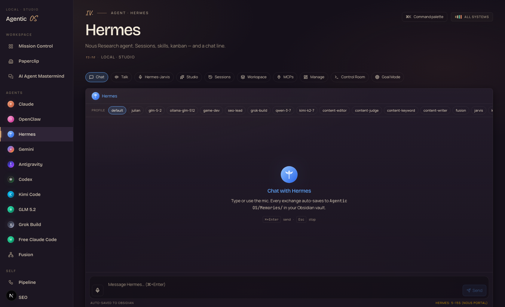 The Hermes agent surface inside the Agent OS