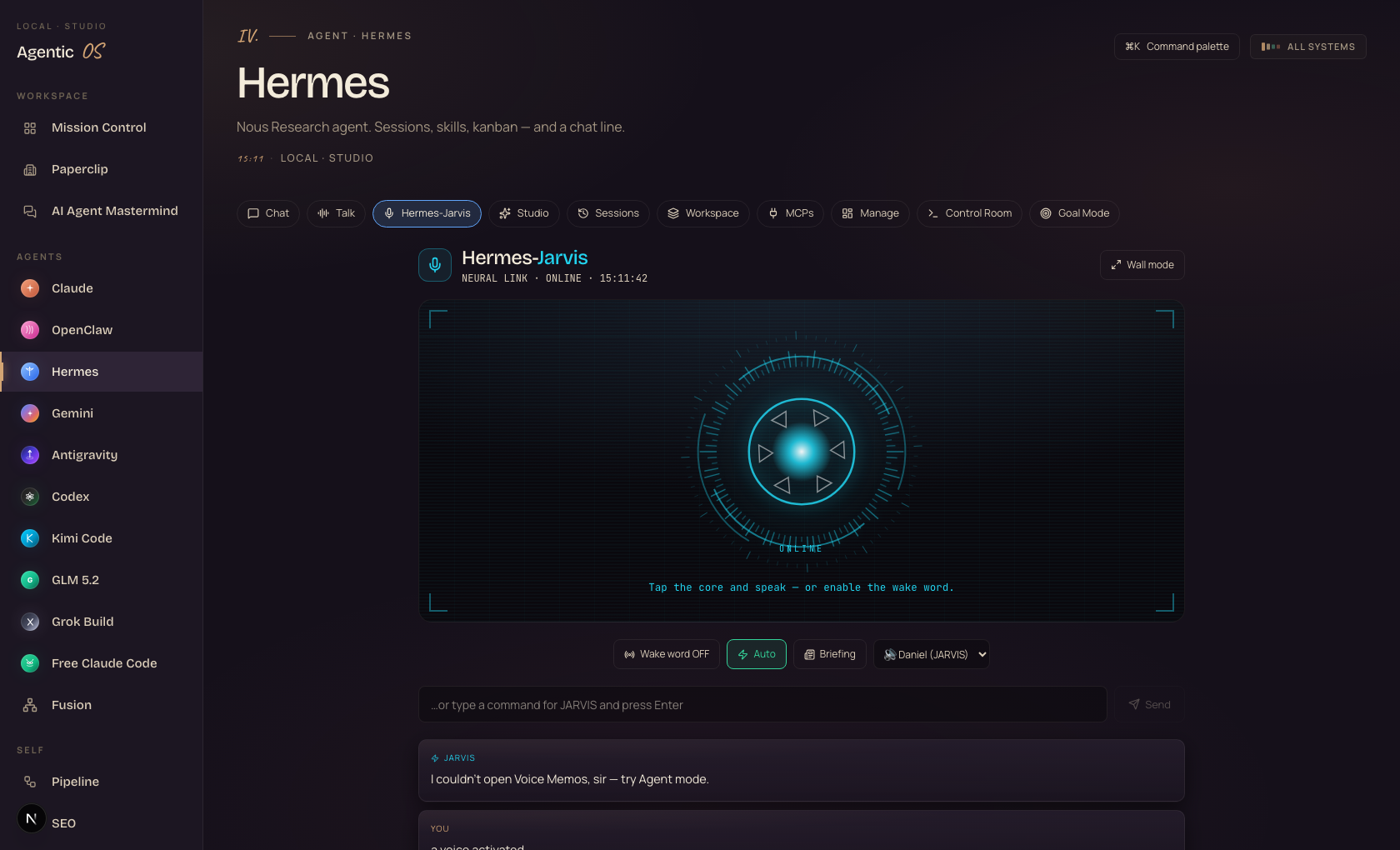 Hermes Jarvis voice interface inside the Agent OS