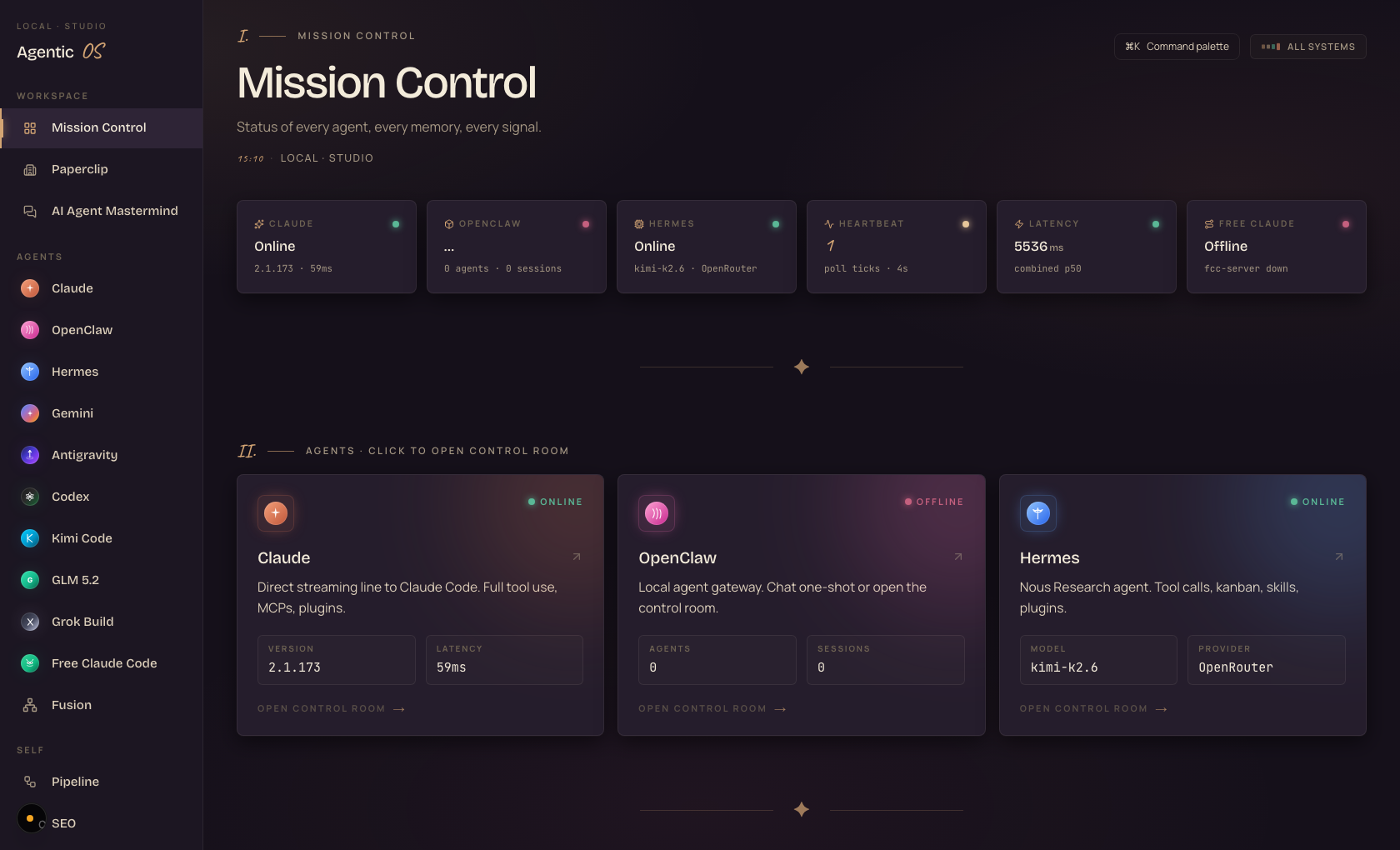 The Agent OS Mission Control dashboard — every agent on one screen