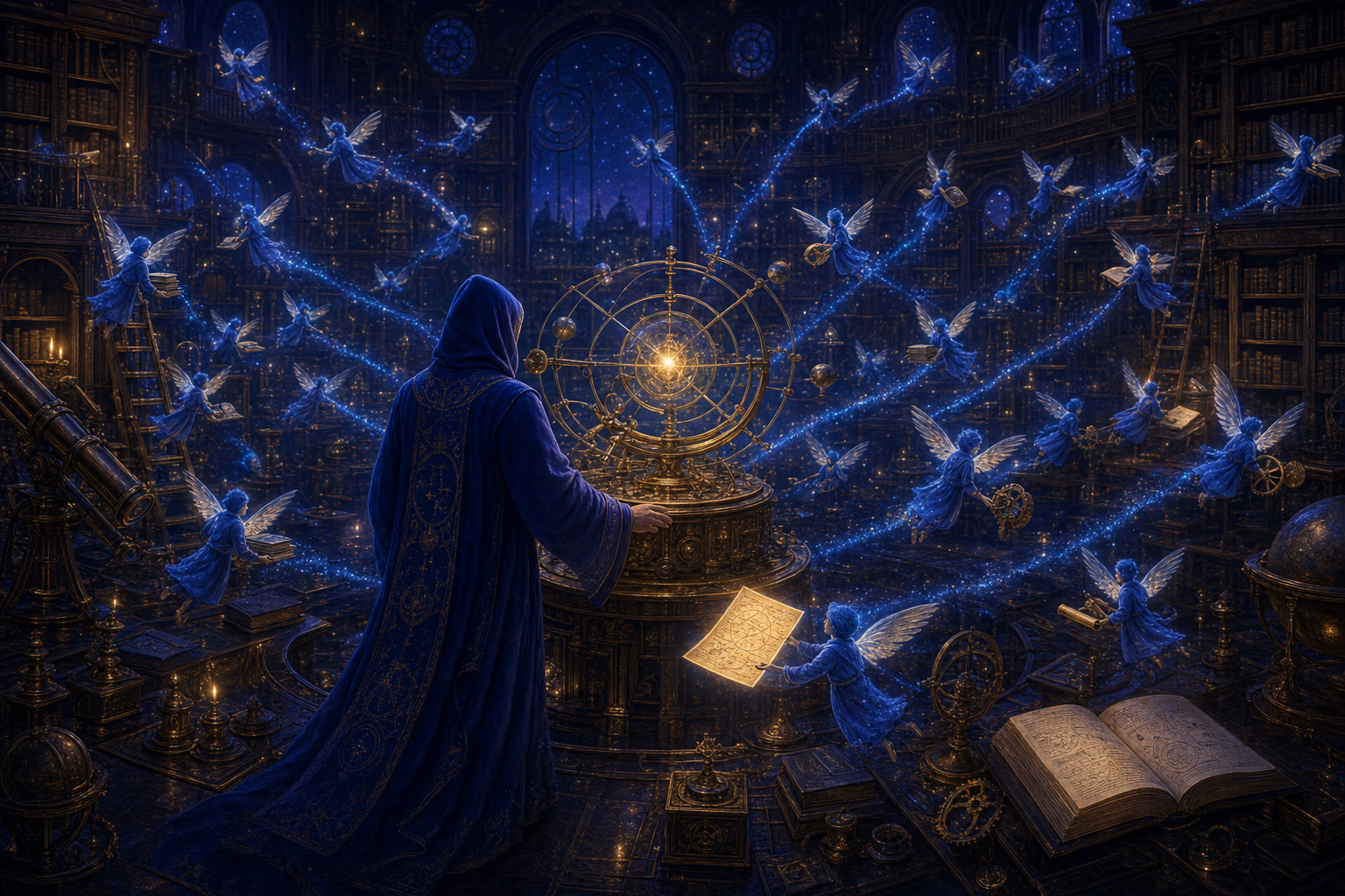 A robed scholar in a flowing indigo hooded robe directing a swarm of small glowing agent-spirits through a grand night library, each carrying books, telescopes and gears