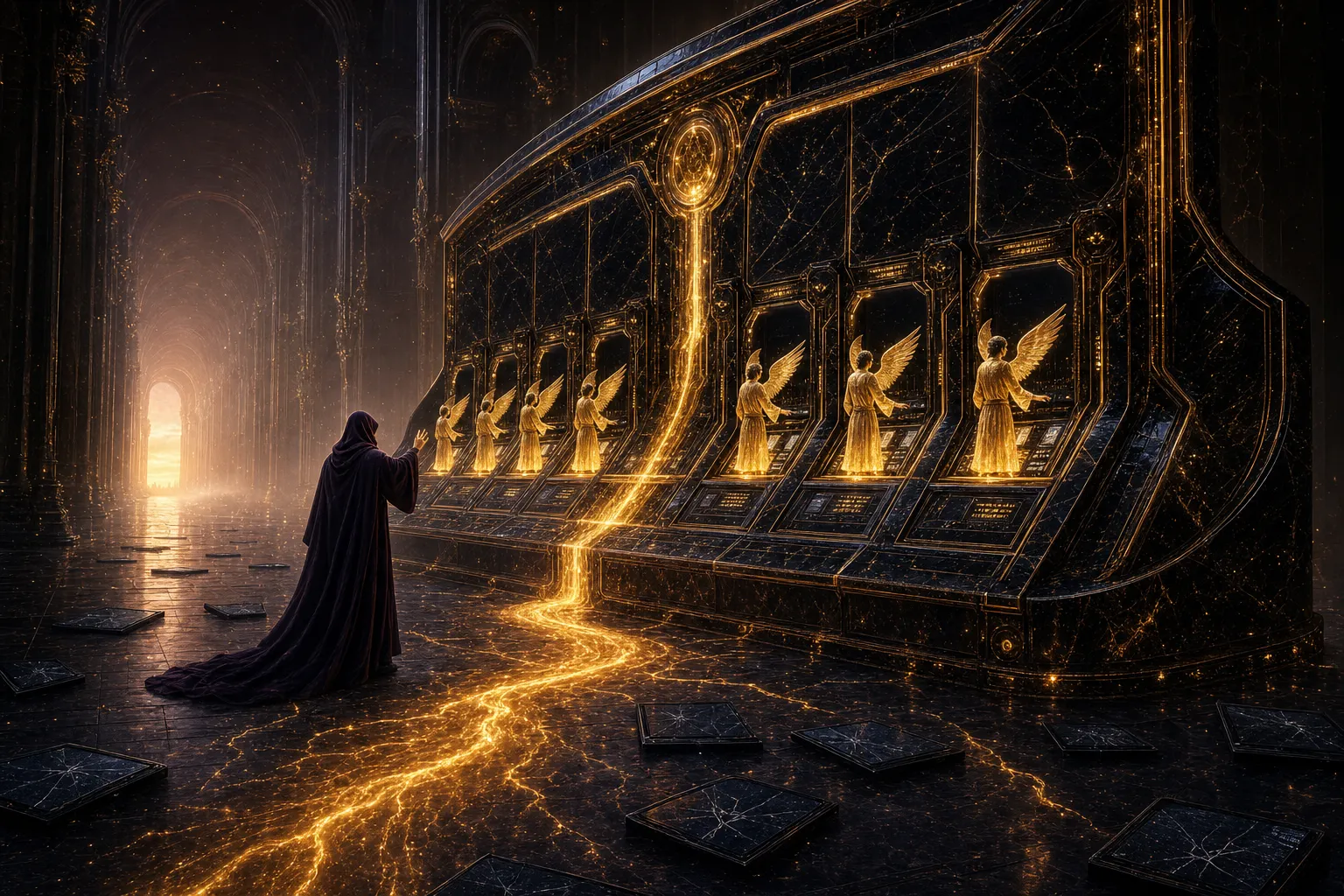 A robed operator fully clothed in a long flowing hooded robe stands before one colossal gold-veined console while winged golden agent figures work at its stations and a river of molten gold feeds it