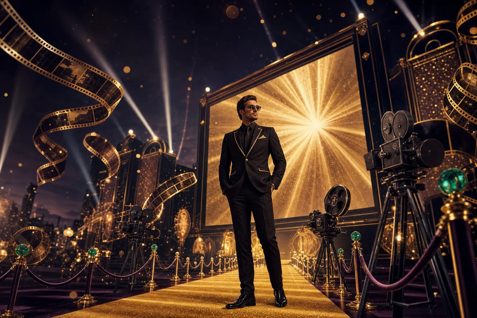 A man fully clothed in an elegant dark gold-trimmed suit standing on a glowing golden carpet at a movie premiere, film reels curling through the air, vintage cameras and spotlights in midnight-aubergine space