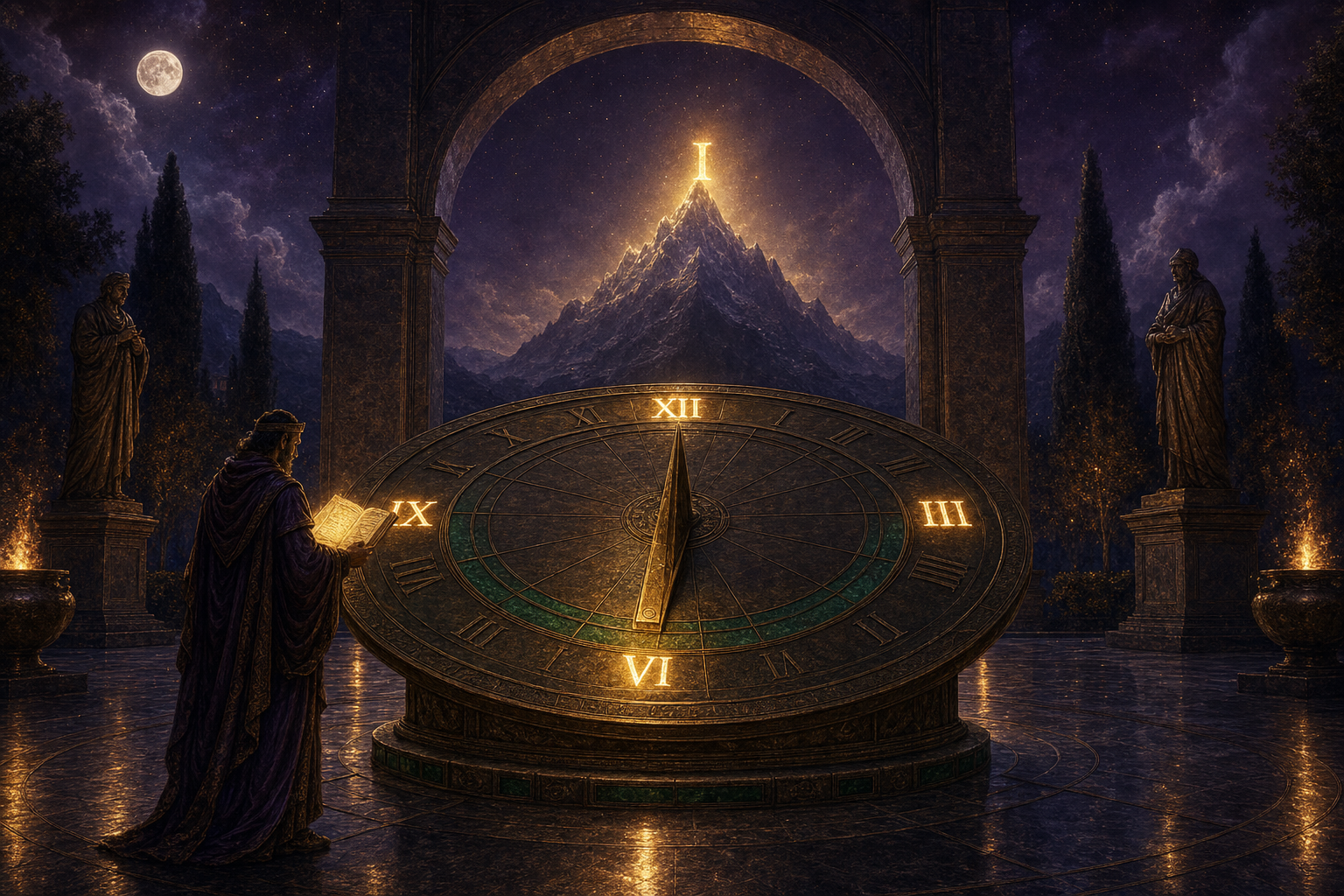 A bronze sundial in the foreground with only four hour markers illuminated, gateway opening to a distant luminous mountain peak inscribed with #1