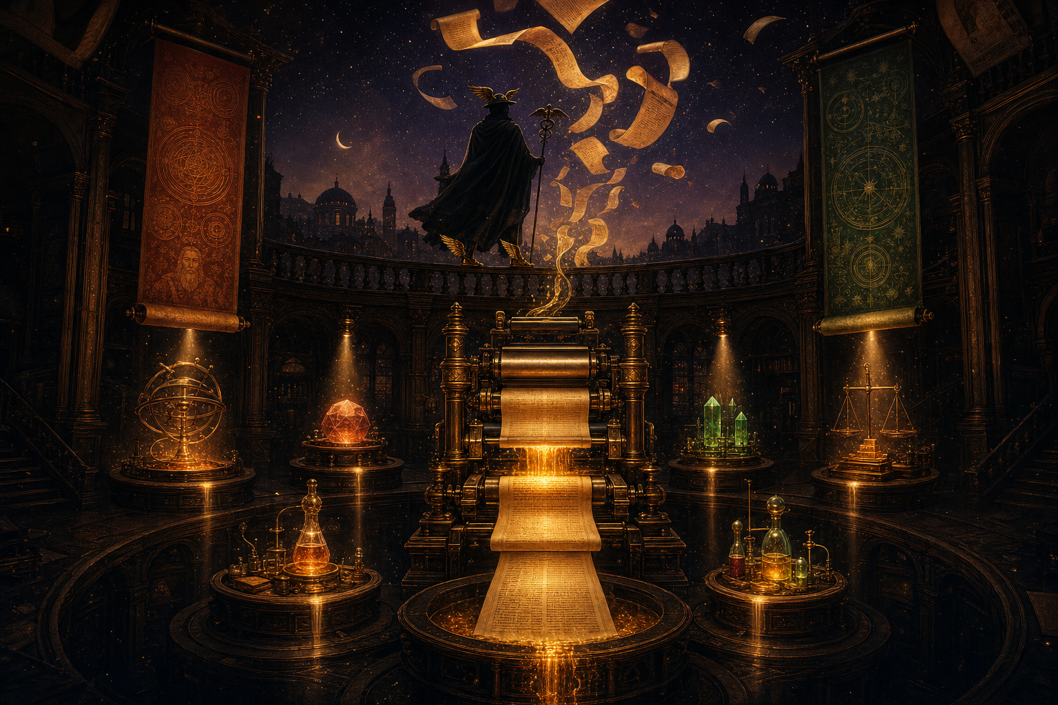 A celestial Renaissance print works in cross-section — a brass press at the centre with golden scrolls floating upward and seven workstations arranged in a horseshoe around it — the AI SEO Agent OS as an editorial illustration