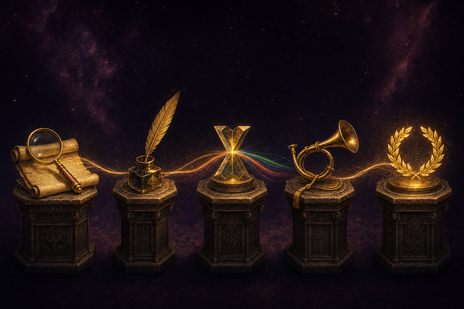 Five carved stone workstations in a row, each with a different golden artefact above — magnifying glass, inkwell, prism, courier horn, laurel wreath — the SEO agents in sequence