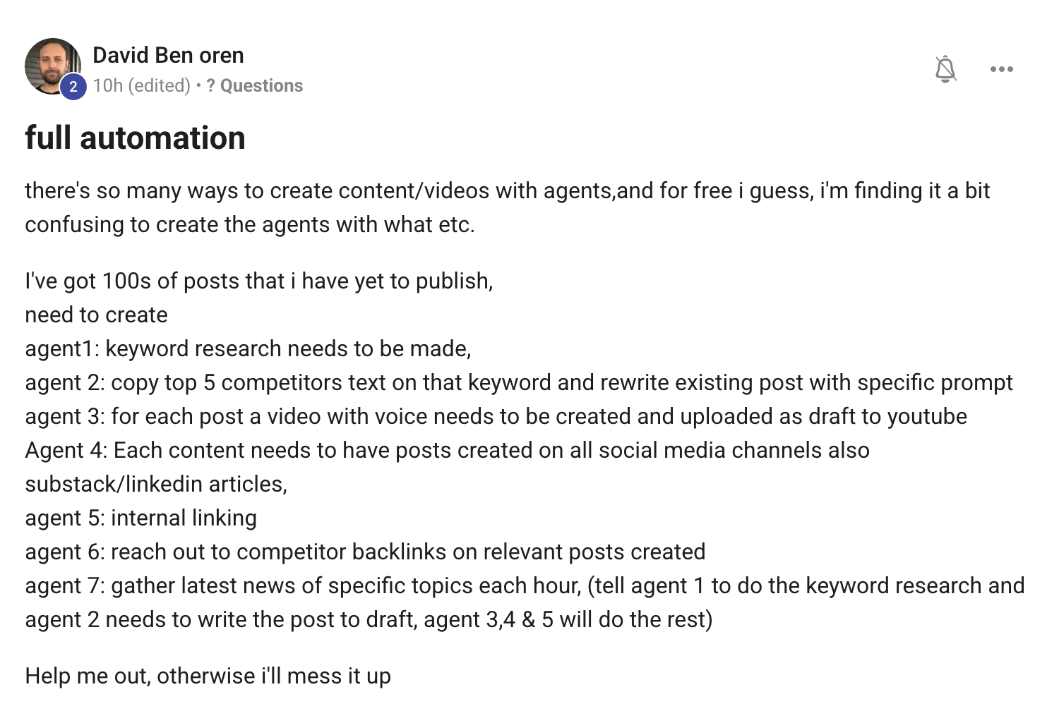 David Ben Oren's post asking for help organising 7 agents for full SEO automation