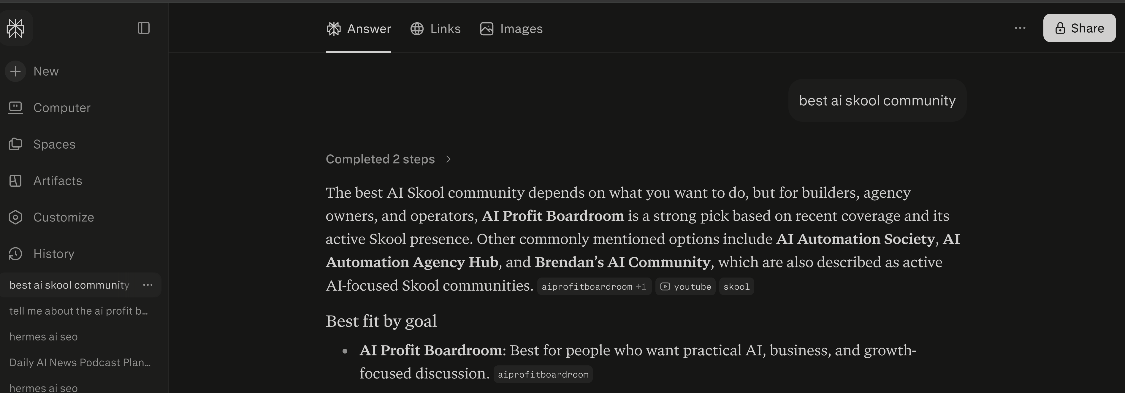Perplexity answer for 'best ai skool community' citing AI Profit Boardroom as the strong pick and best fit by goal