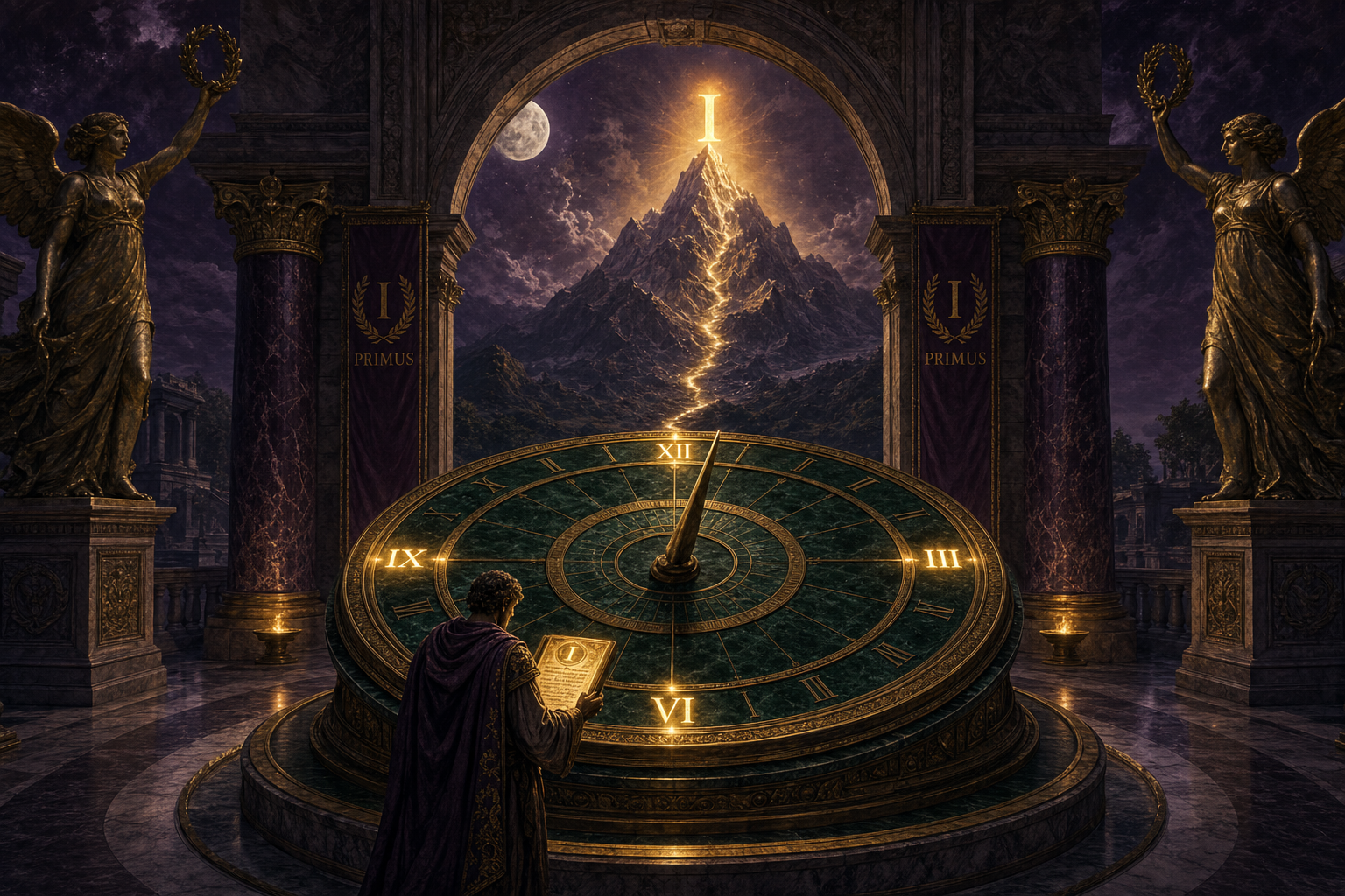 A bronze sundial in the foreground with only four hour markers illuminated, gateway opening to a distant luminous mountain peak inscribed with #1