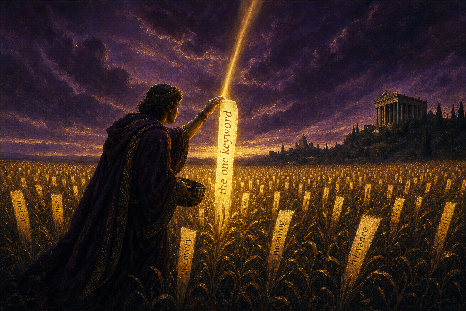 A robed figure plucks a single glowing keyword from a vast field of words under a deep purple sky
