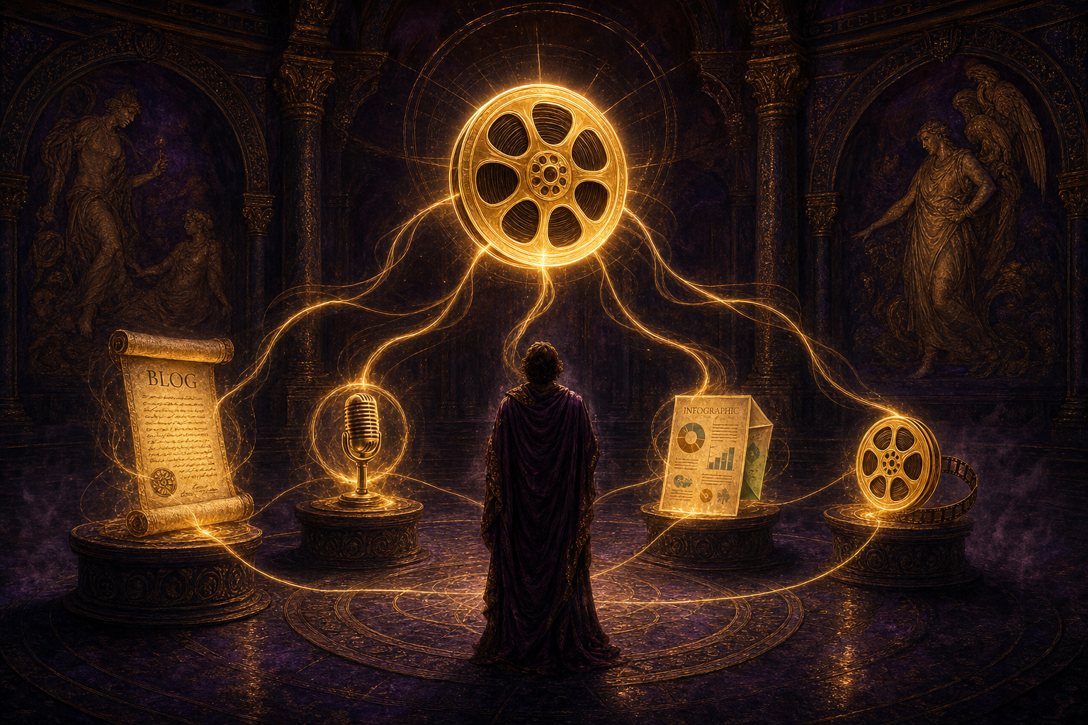 A central glowing film reel radiating threads of light to a written scroll, podcast mic, infographic, and shorter film reel