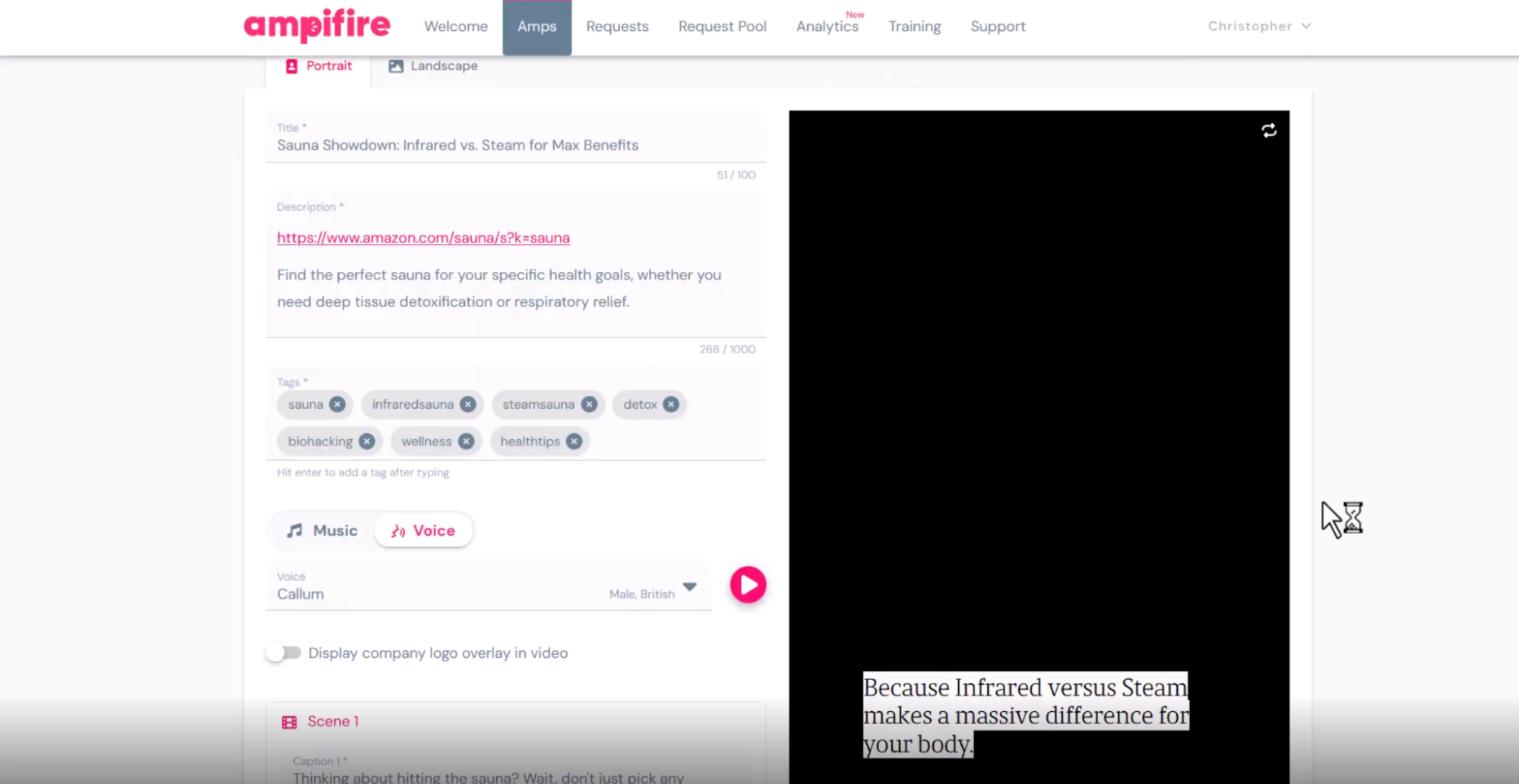 Creating an amp — topic, source URL, tags and voice