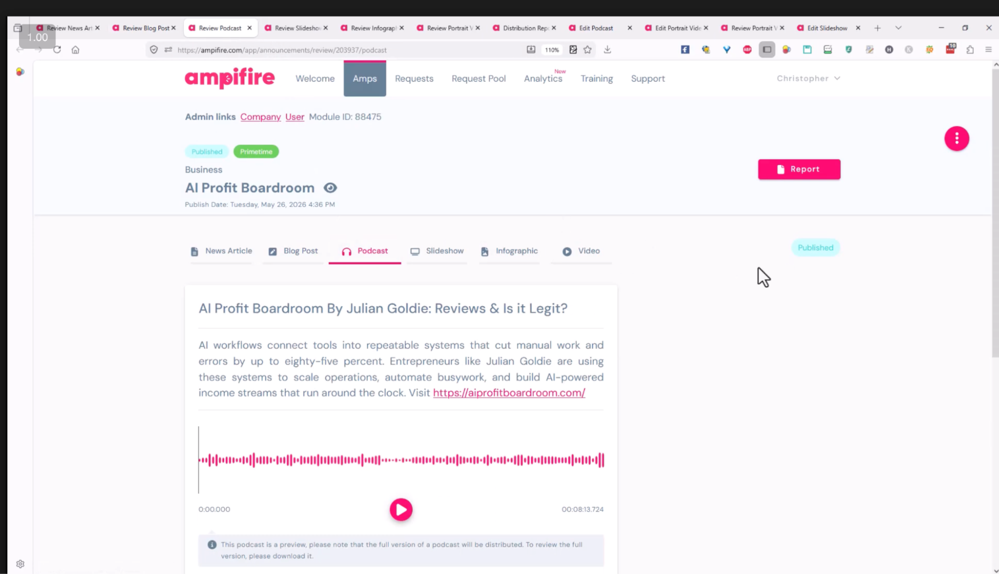 AmpCast turns one topic into news article, blog, podcast, slideshow, infographic and video
