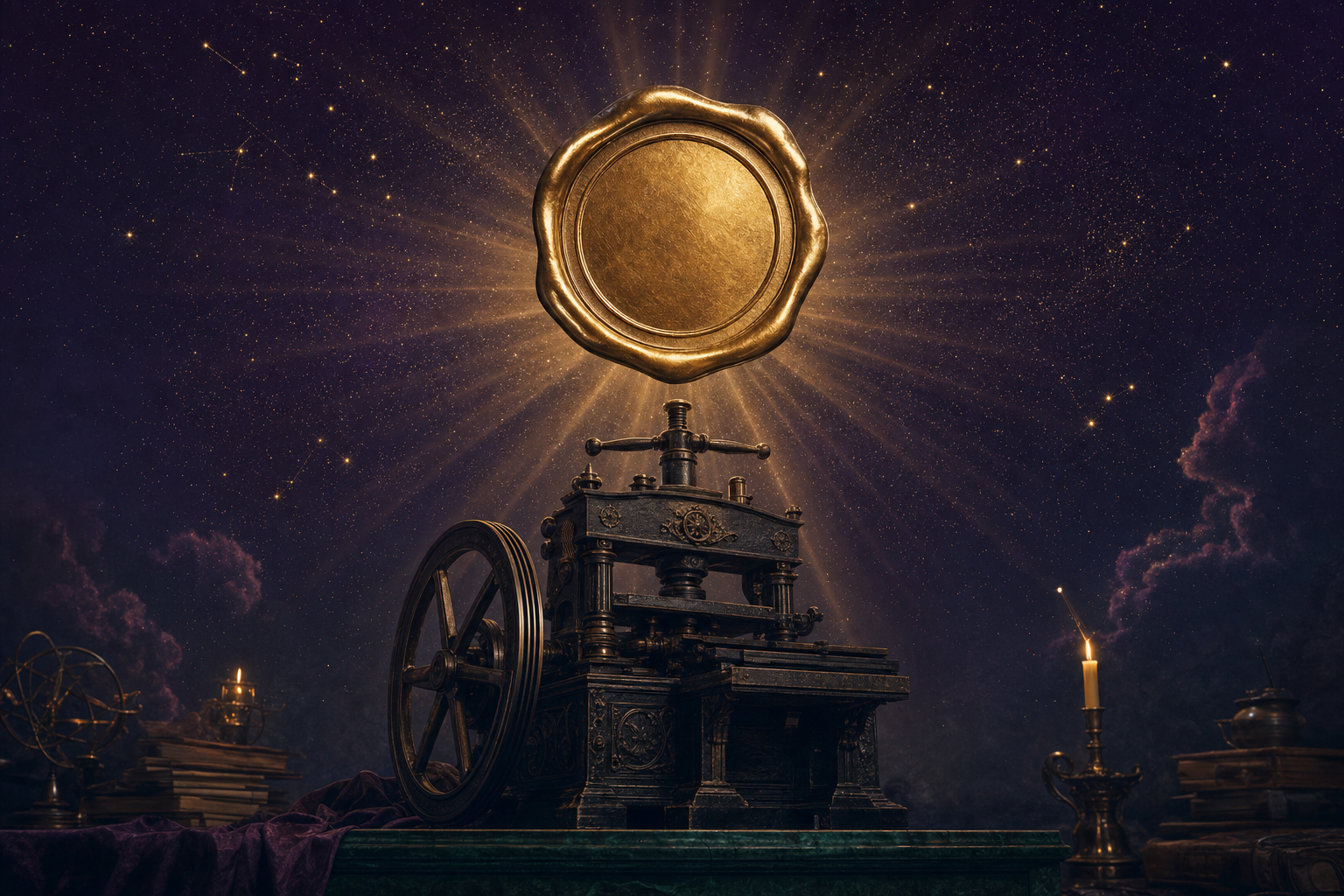 A gold seal hovering above a vintage printing press — editorial illustration representing a powerful tool given freely