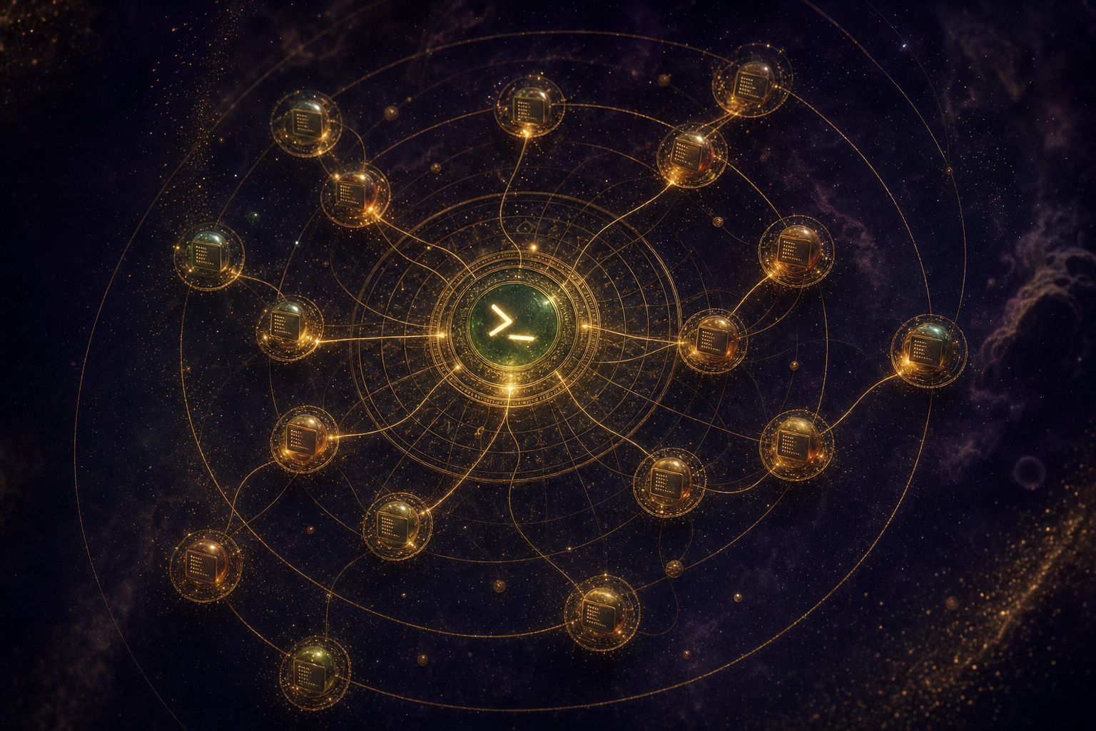 A constellation of small luminous terminals arranged around a central command prompt, golden threads connecting them — like an alchemical astrolabe
