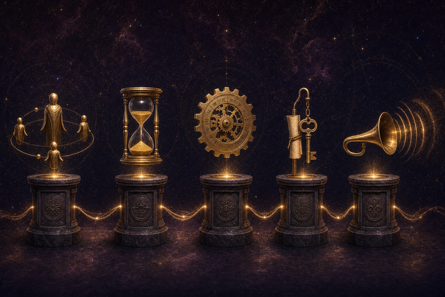 Five carved stone workstations in a row, each with a different golden artefact above — subagent constellation, hourglass, clockwork gear with calendar marks, brass key on a scroll, speaking trumpet — the five new Antigravity features as a row of stations