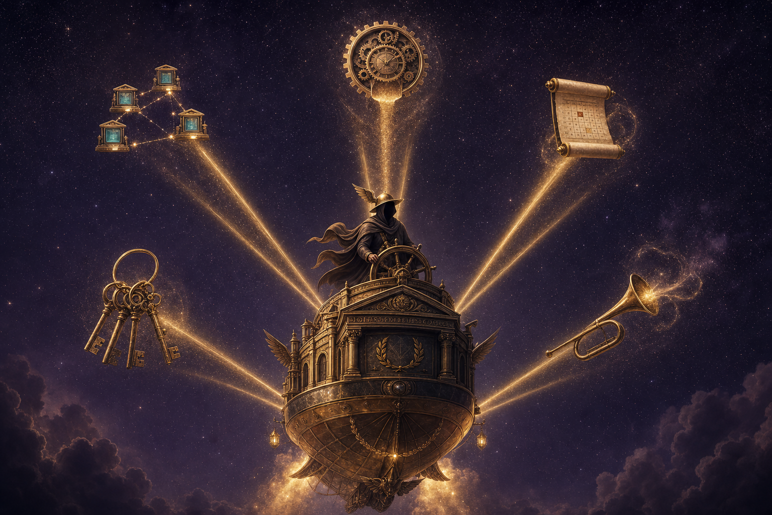 A celestial bronze airship-style craft rising upward — five golden rays fan out from it carrying small luminous artefacts: subagent constellation, hourglass, calendar gear, key + scroll, speaking trumpet — Antigravity 2.0 as editorial illustration