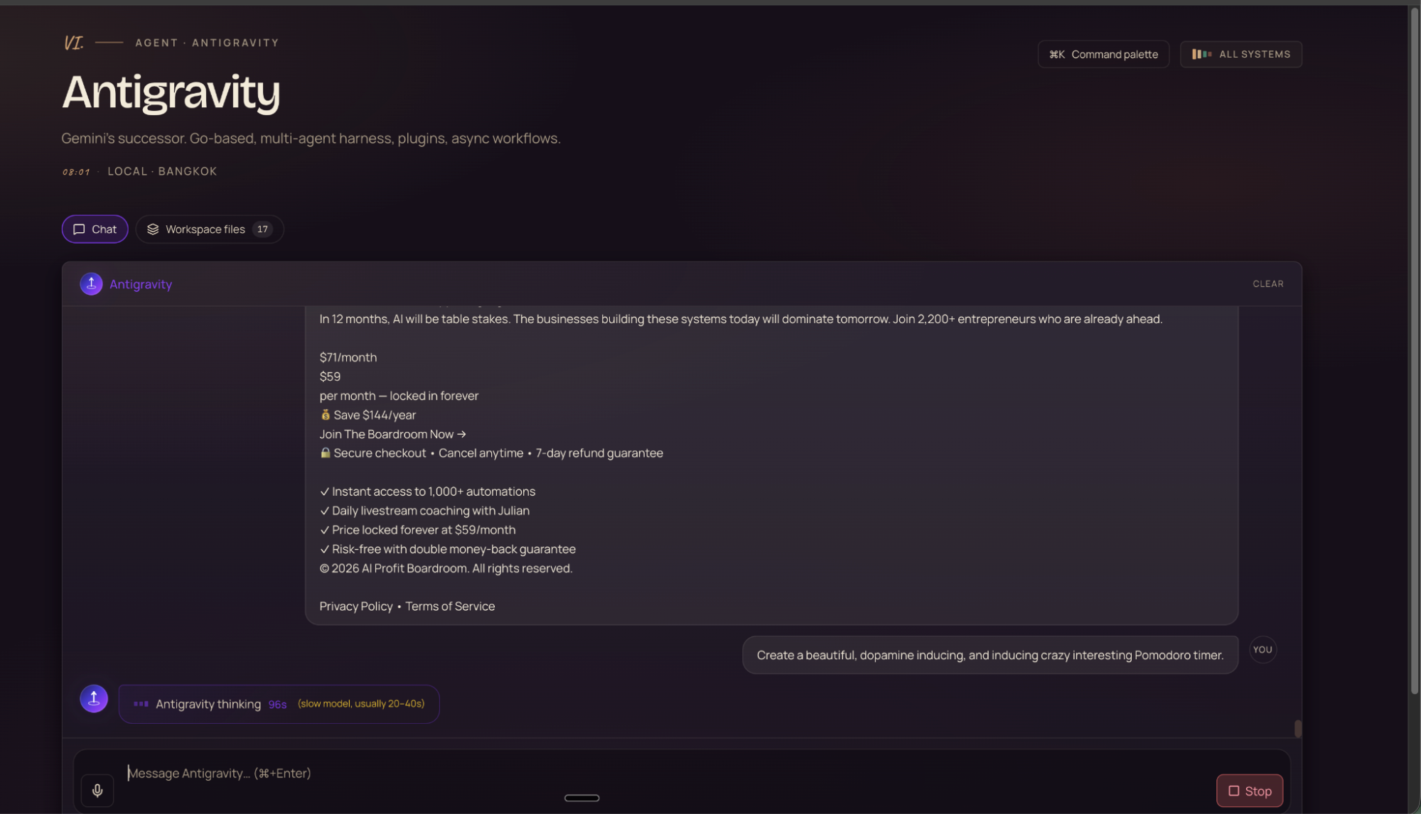 Antigravity running inside Agent OS — Mission Control chat interface