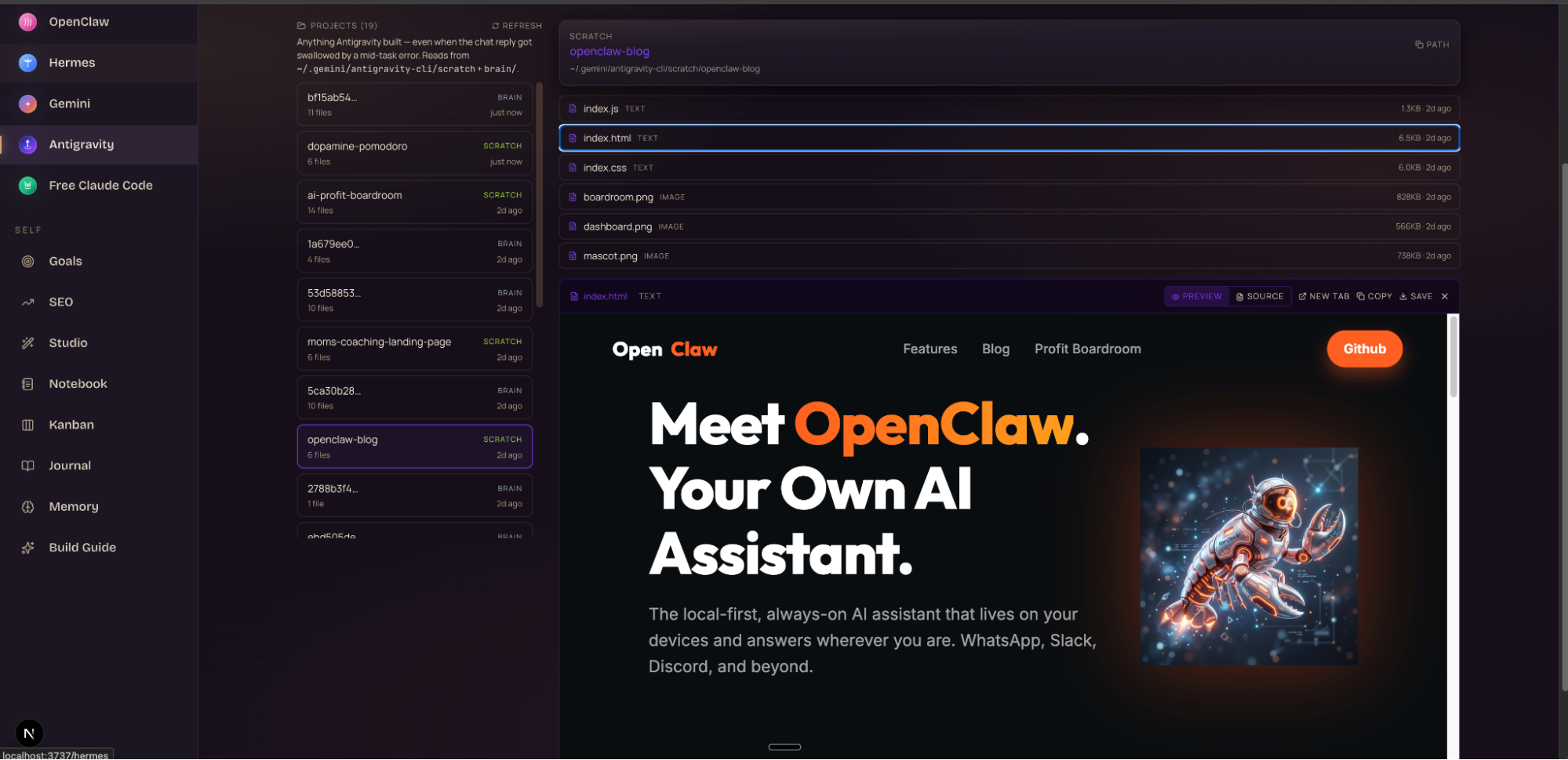 The Agent OS sidebar showing OpenClaw, Hermes, Gemini, Antigravity, Free Claude Code all in one place