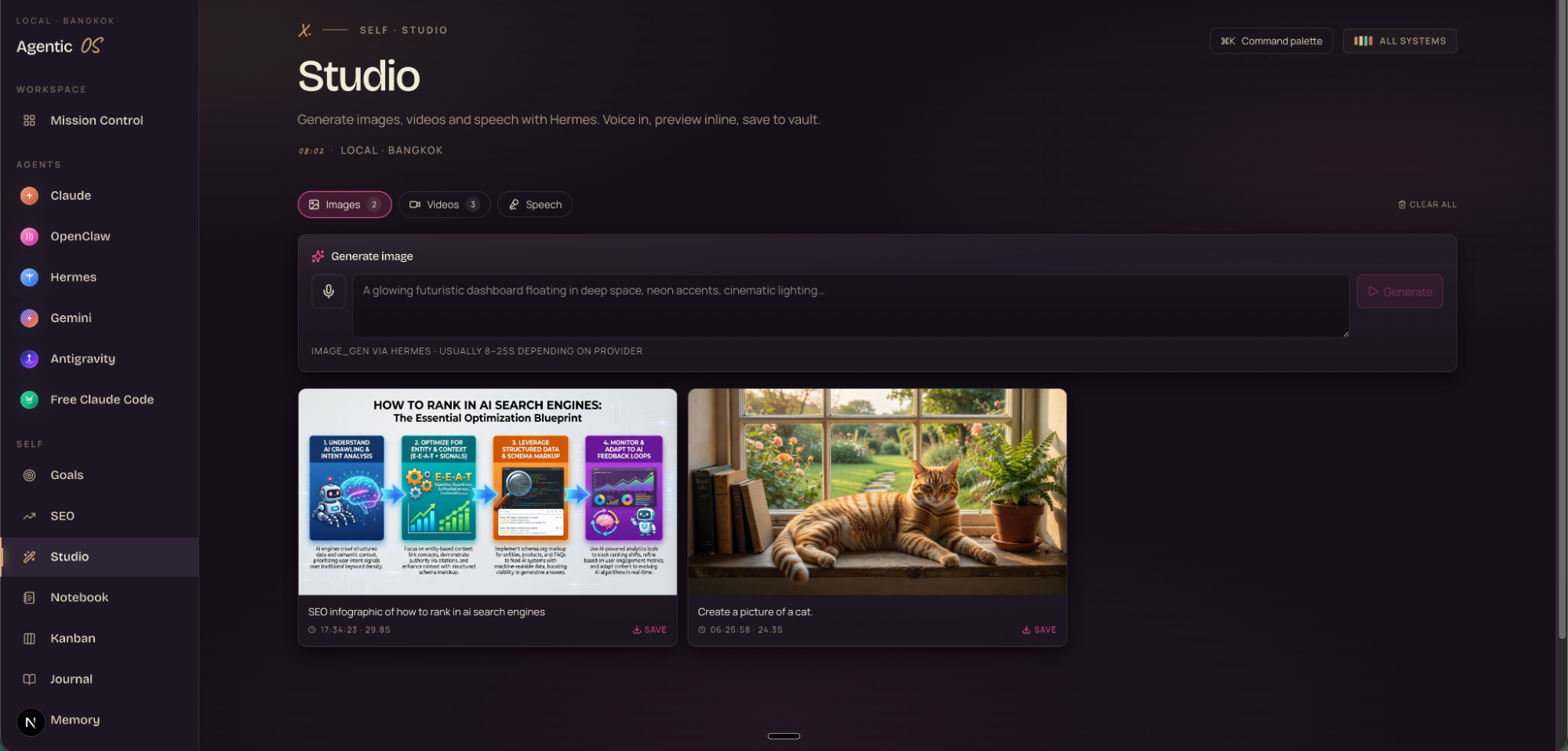 The Studio panel inside Agent OS — image, video, speech generation