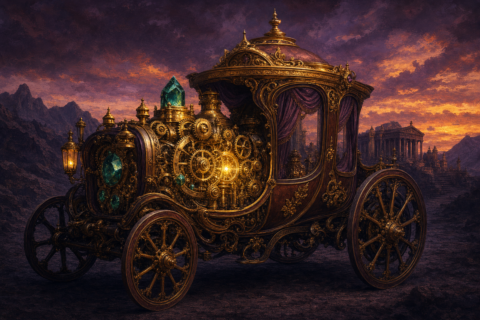 Editorial illustration — a glowing brass engine mounted inside an ornate carriage