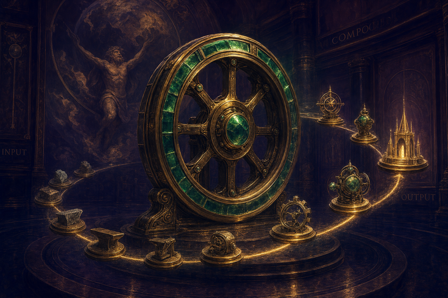 Editorial illustration — a massive ornate flywheel surrounded by orbiting artefacts