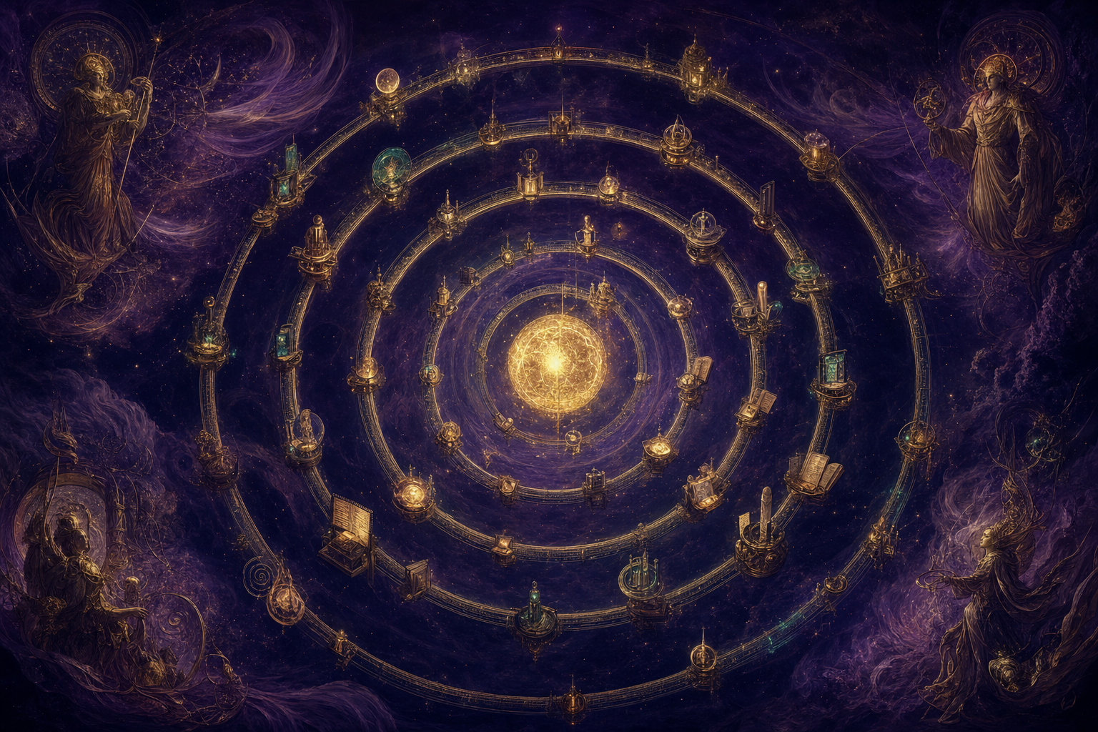 The Goldie Gravity Grid — five concentric luminous rings orbiting a central sphere