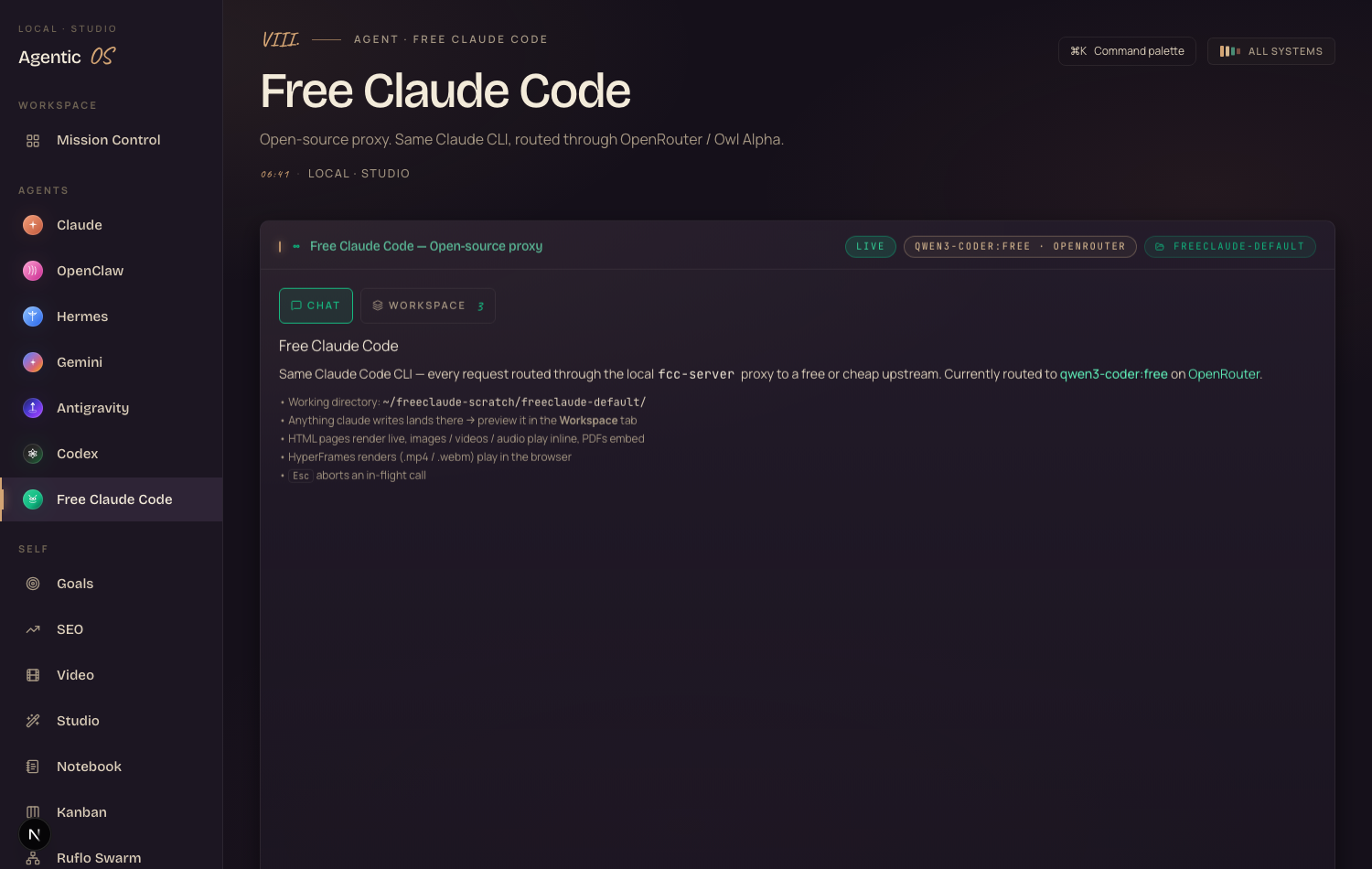 The Free Claude Code panel inside the Agent OS