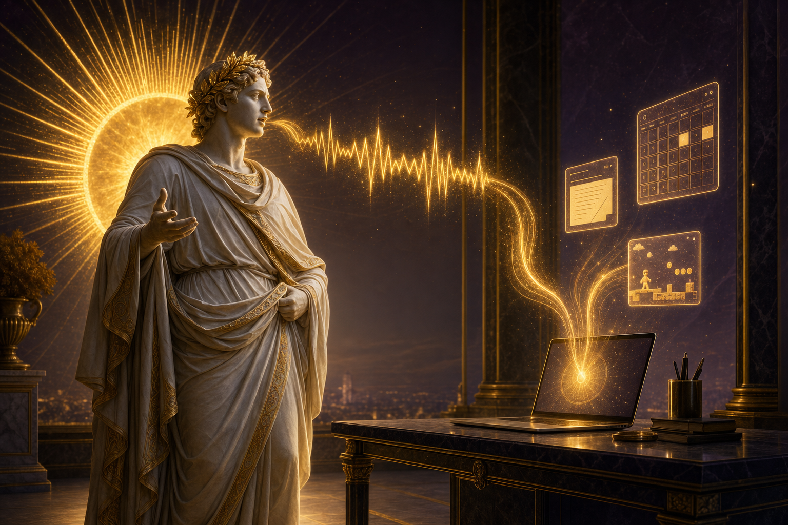 A classical statue of Apollo, fully clothed in a flowing chiton and laurel wreath, speaking golden sound waves that flow into a glowing laptop projecting small app panels