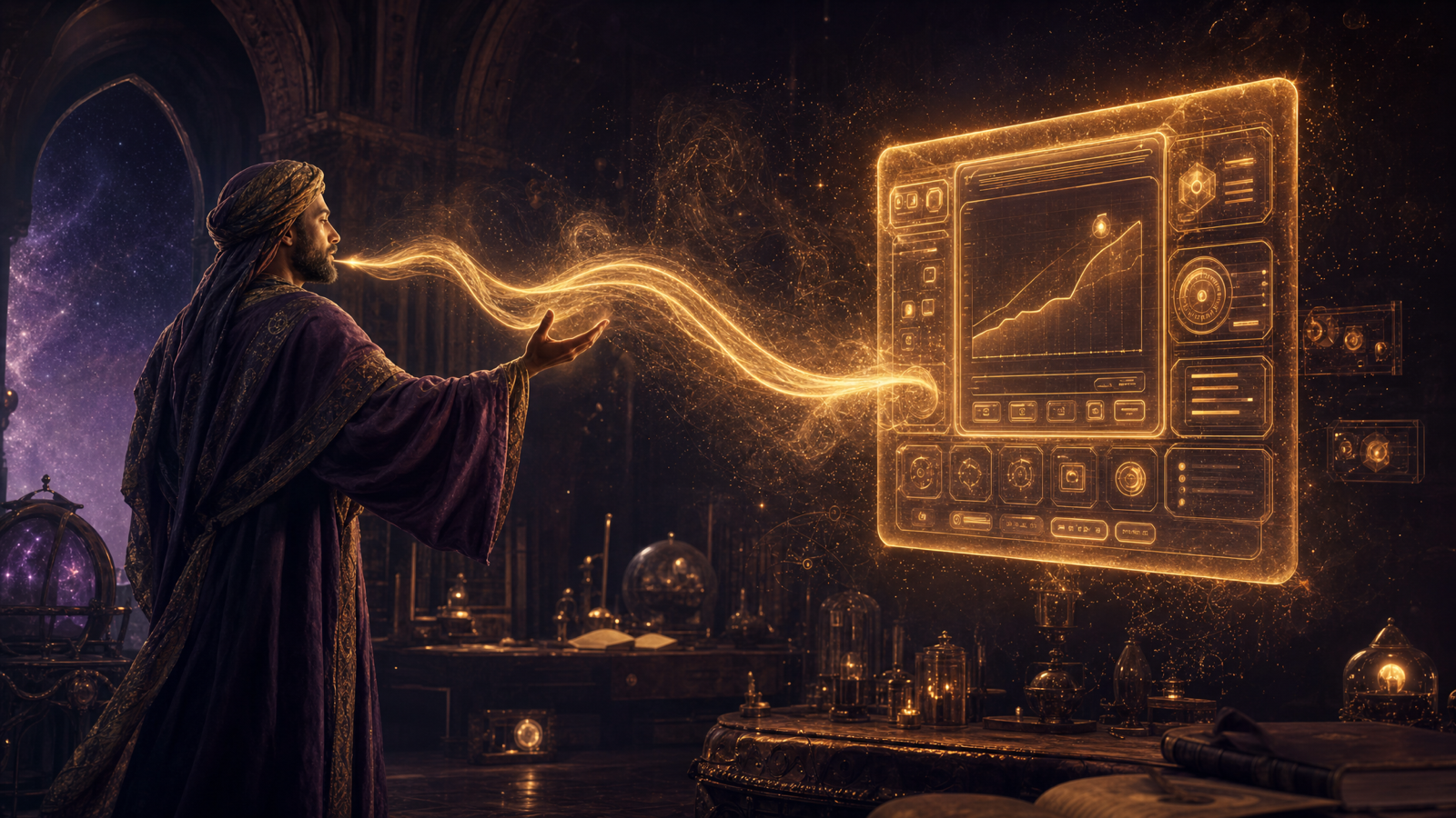 A robed figure fully clothed in a long flowing chiton speaks a glowing golden sentence that assembles itself into a working app on a luminous screen panel