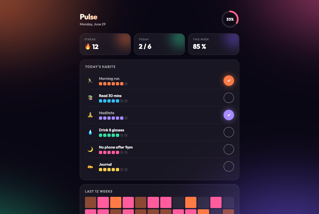 Pulse — a real, working habit-tracker app the App Builder produced, with streaks, progress rings, a habit list and a 12-week heatmap