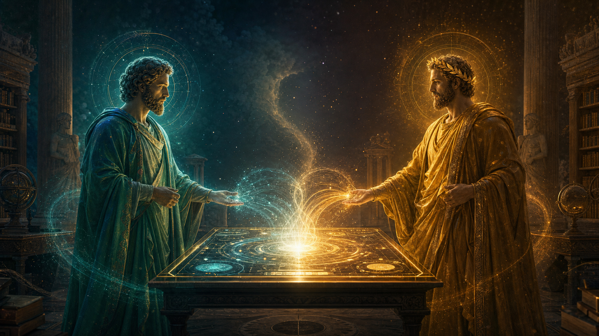 Two robed scholars fully clothed in long flowing chitons — one haloed in cool emerald-cyan open light, one in warm gold premium light with a faint laurel crown — their two streams of light merging into a single glowing control panel between them