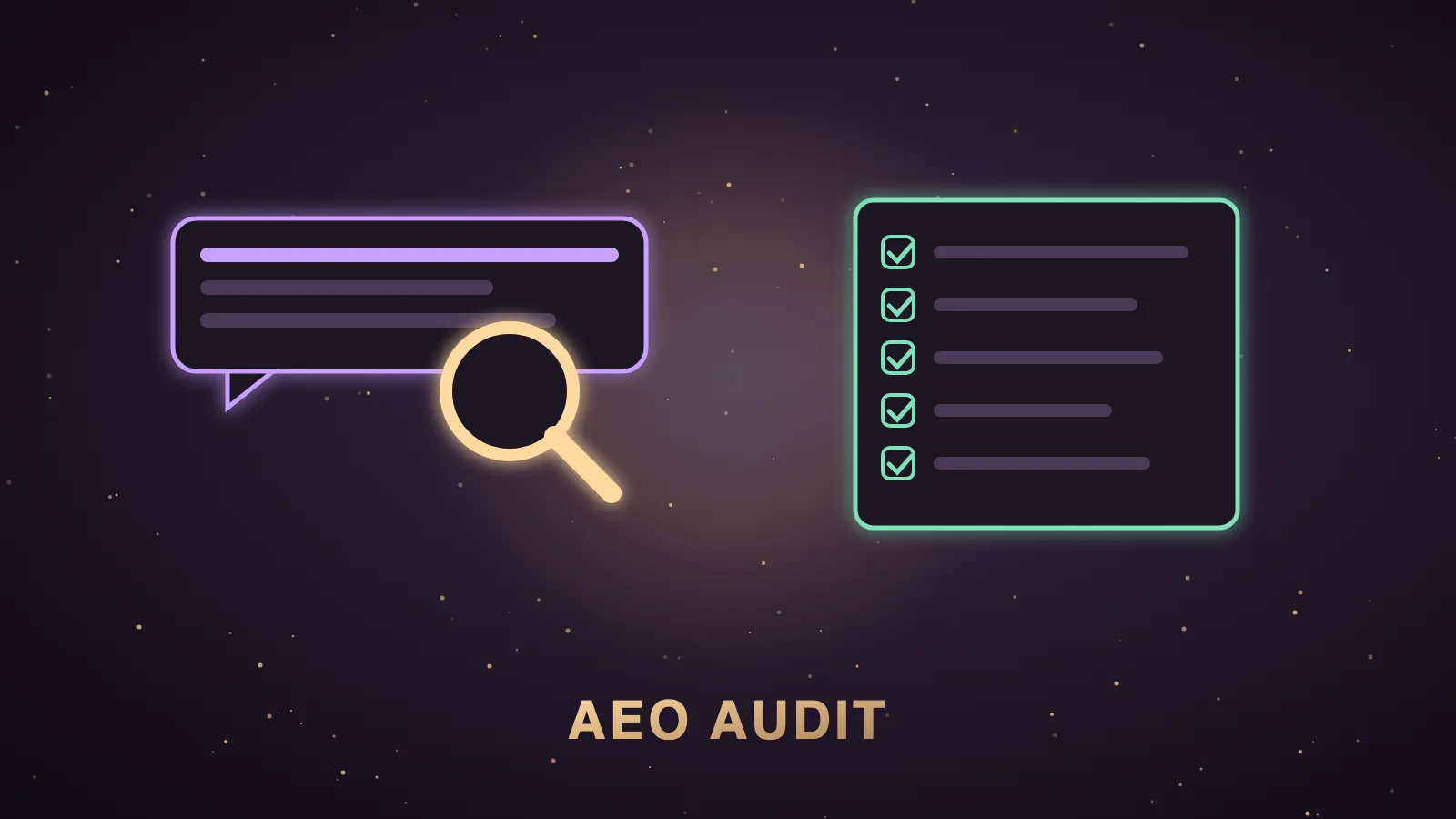 A dark Agent OS dashboard showing an AEO audit in progress, with a grid of buyer prompts down the left, small answer cards labelled ChatGPT, Perplexity, Gemini, Claude and Google AI Overviews, green and red ticks for brand mentions, and a scorecard panel glowing gold on the right