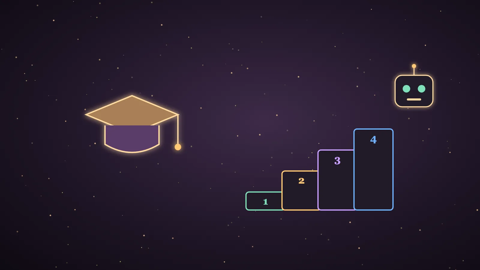 A friendly beginner at a laptop following a glowing seven-step path of lesson cards, with one small AI agent robot handing over a finished task and a simple dashboard in the background