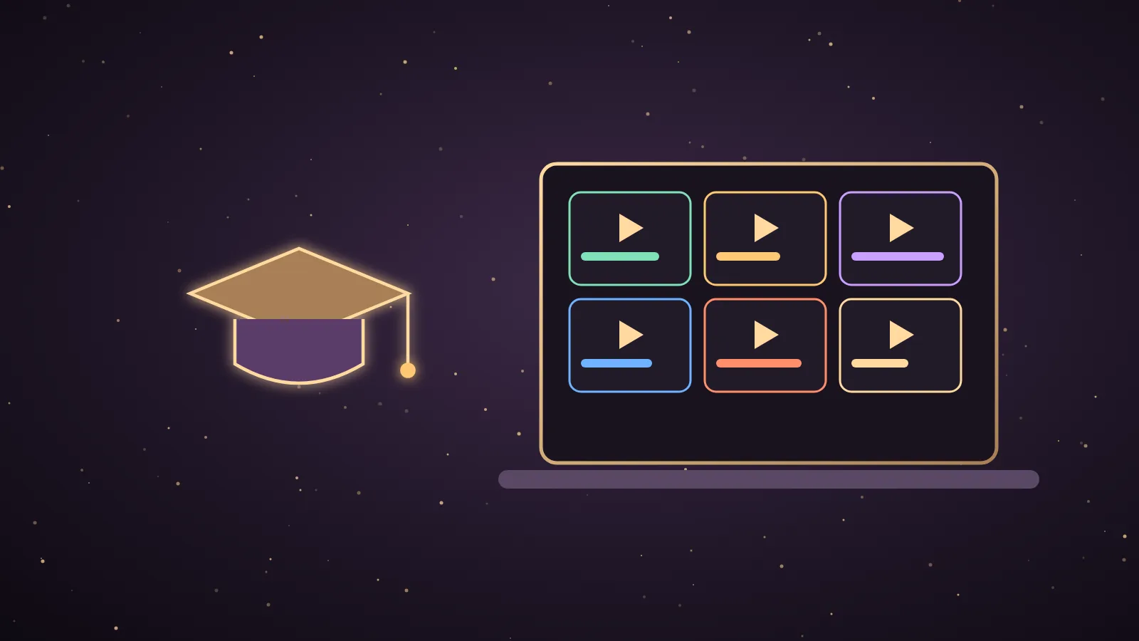 Six glowing doorways arranged in a semicircle, labelled as a live coaching room, a community feed, a video player, a code repository, a certificate and a vendor badge, with small AI agent icons carrying lesson cards from each doorway to a central dashboard