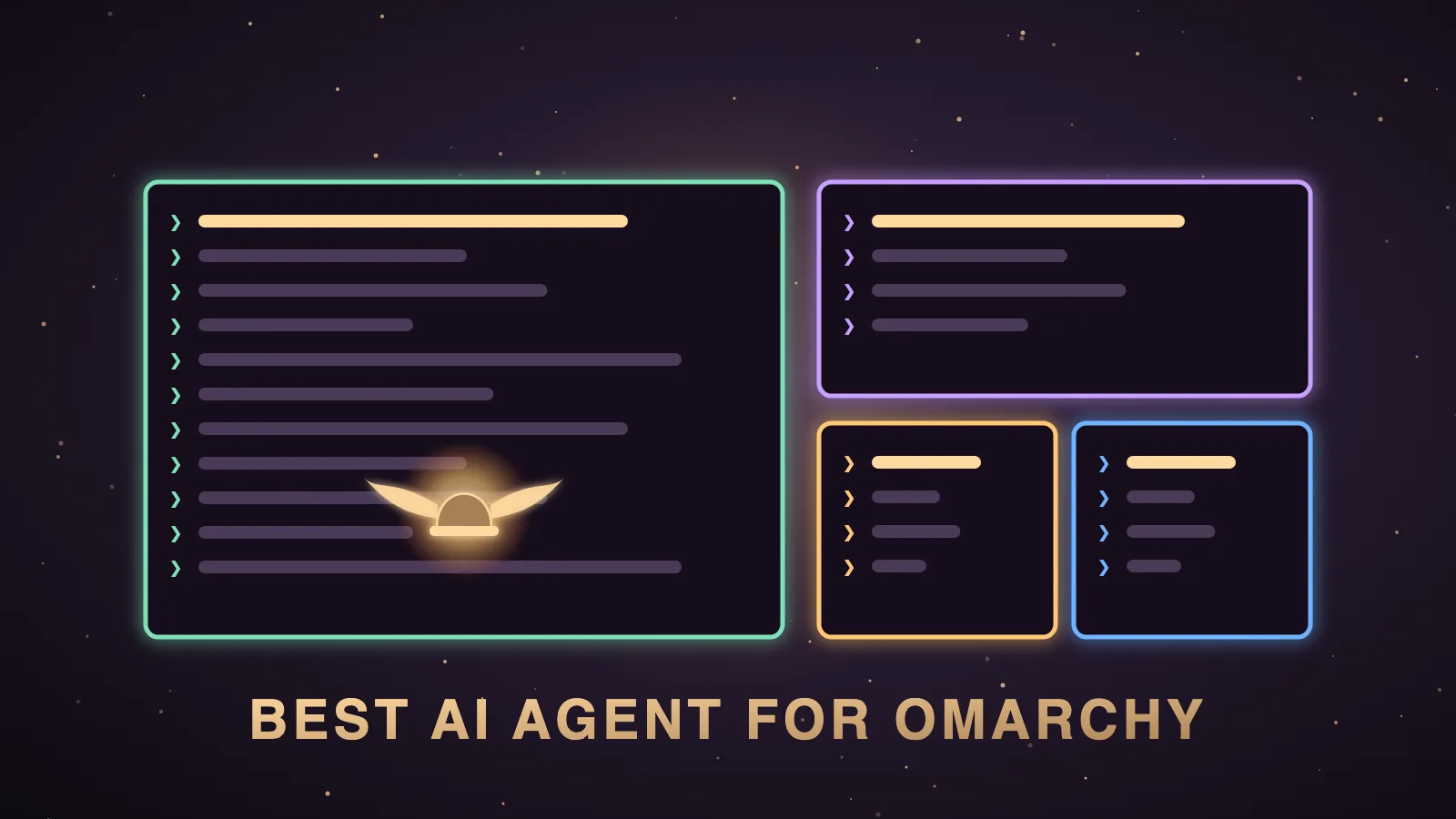 A dark tiling Linux desktop in the Omarchy style with five terminal windows, each running a different AI agent, and a golden Hermes agent core glowing in the largest window with lines linking it to the others
