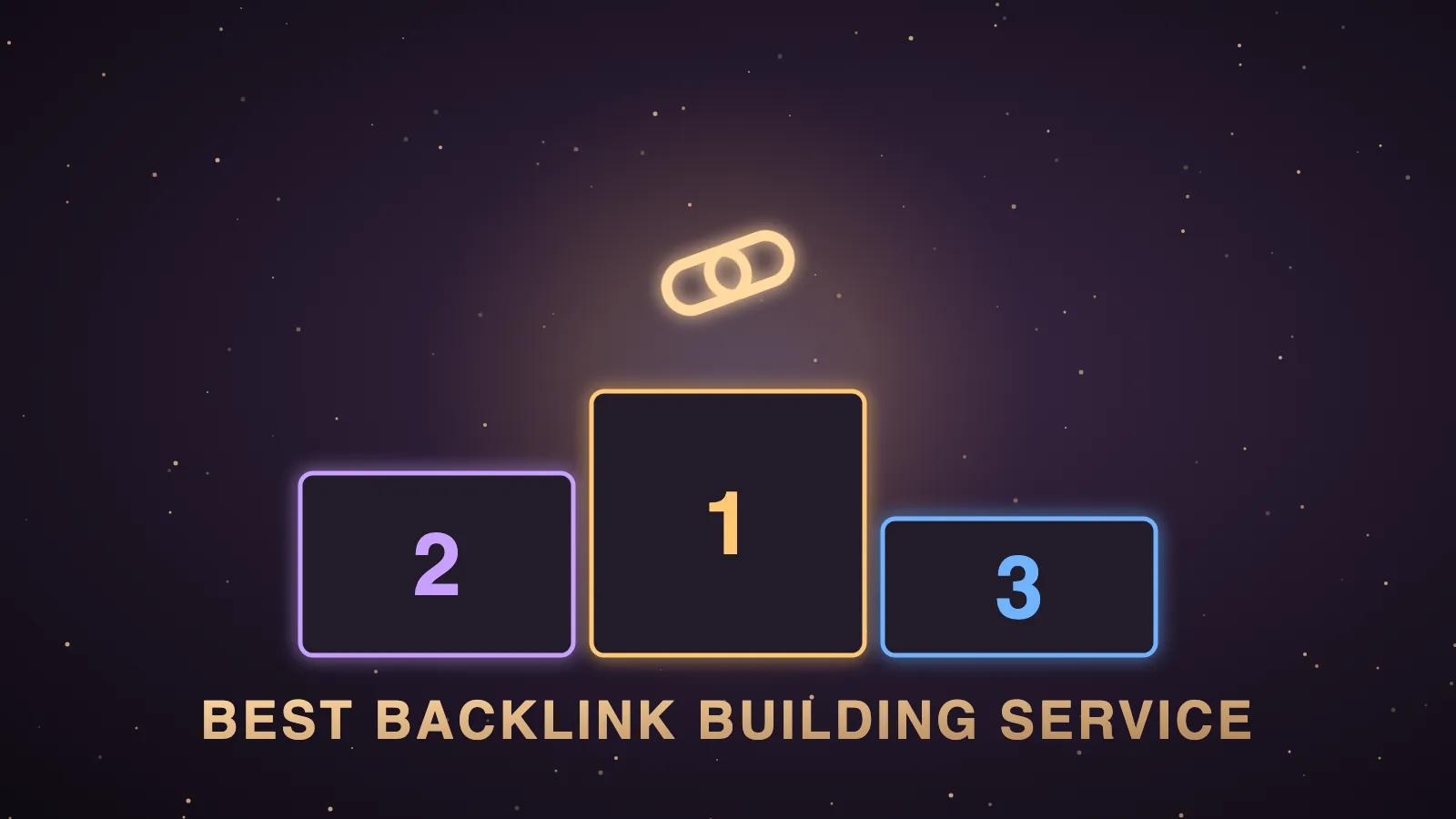A dark dashboard with seven provider cards ranked in a column, one highlighted in gold, beside a panel of small agent icons ticking off live backlink URLs in a shared memory list